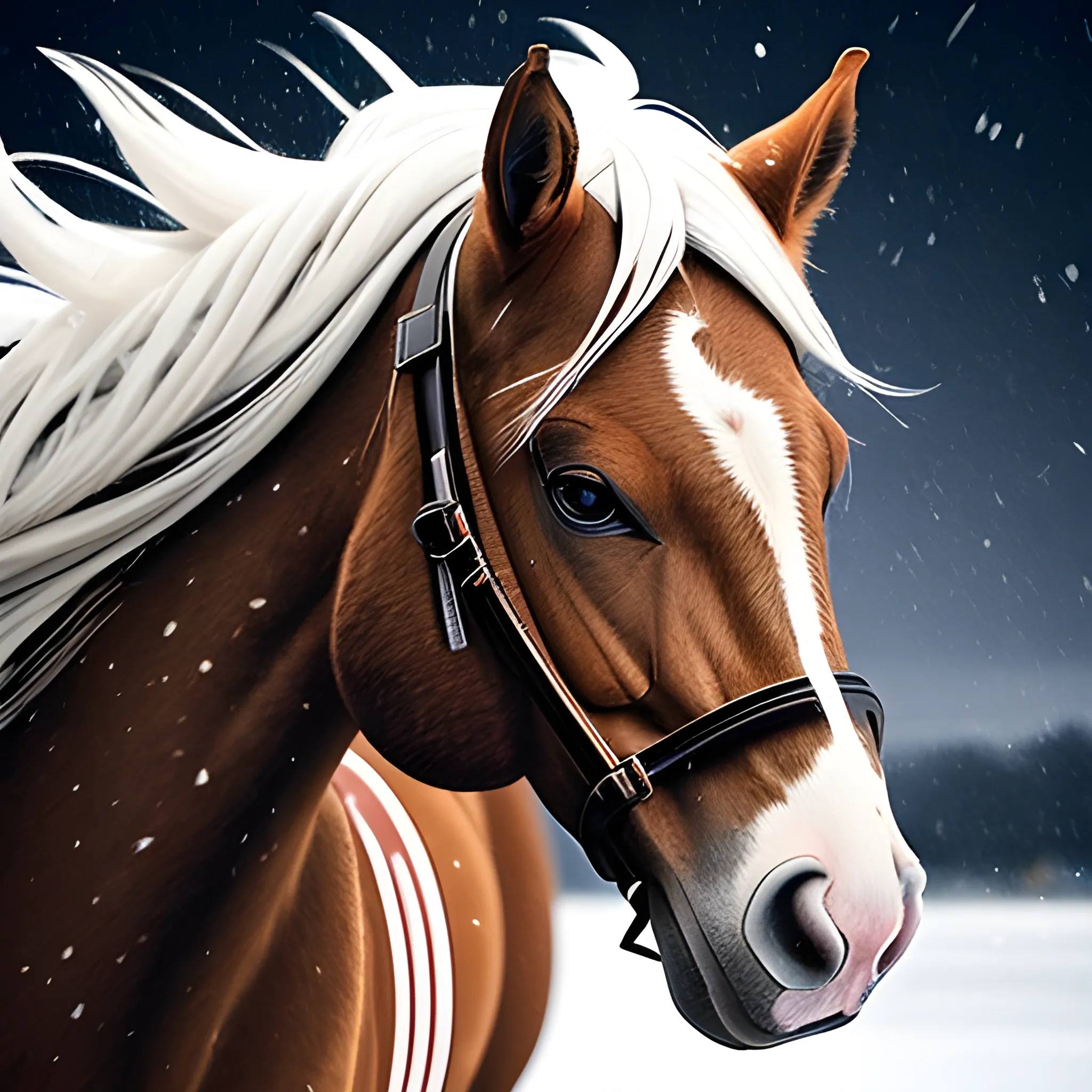 A mustang horse with neon hair and a brown coat with both white dots in it, the horse is also in the middle of a blizzard 