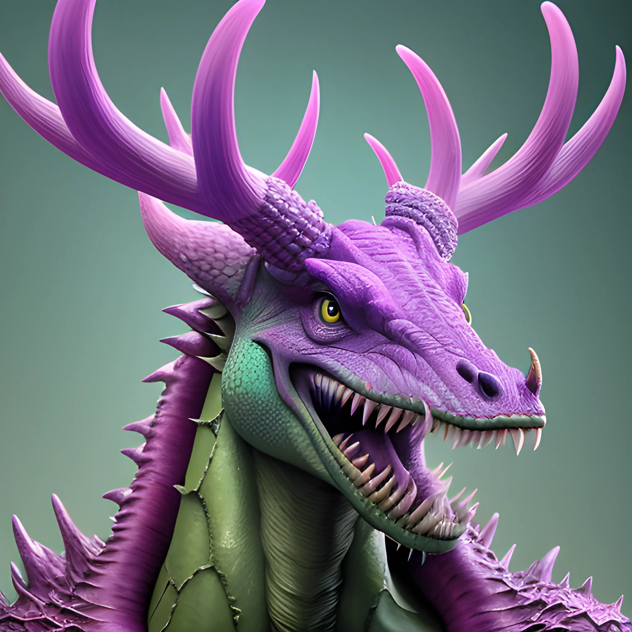 A realistic creature with large antlers, green skin and long tongue in the style of Raphael Lacoste, exotic realism, dragon art, smooth surfaces, pink purple teal color scheme 