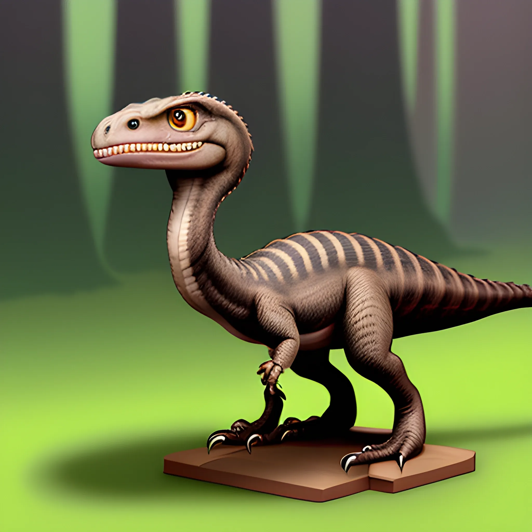 Character: Eoraptor the Curious Dinosaur, 3D, Cartoon, Color Palette: Brown, black, white

Pose: Eoraptor is standing on his hind legs, looking up at a large tree with a curious expression on his face. His tail is wagging excitedly.

Additional Details:

Eoraptor's feathers should be a mix of brown, black, and white.
Eoraptor's eyes should be large and curious.
Eoraptor's smile should be friendly and inviting.
Target Audience: Children
Overall Mood: Playful, curious, adventurous