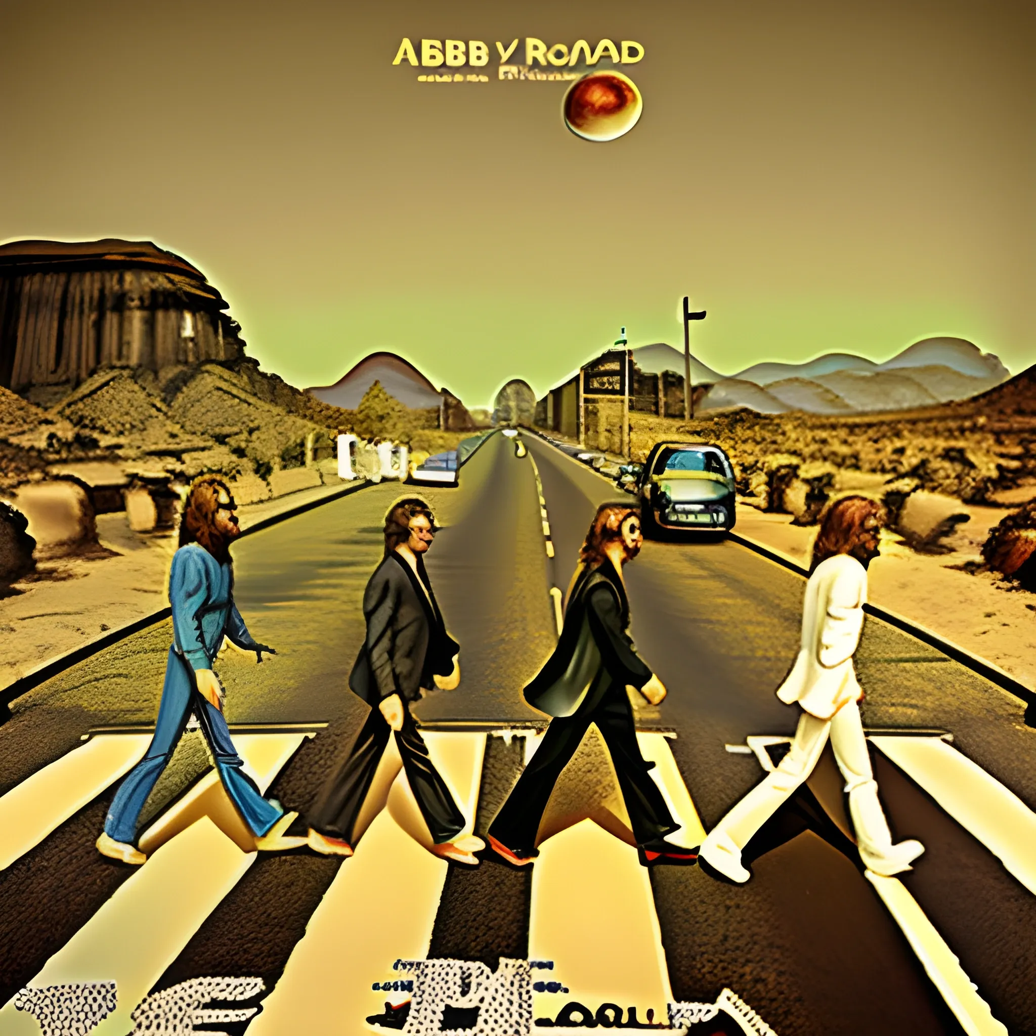 Abbey Road on Mars, surreal, The Beatles walking across the red landscape, alien, surrealistic, desert, music, Space Oddity album cover,nologo=true