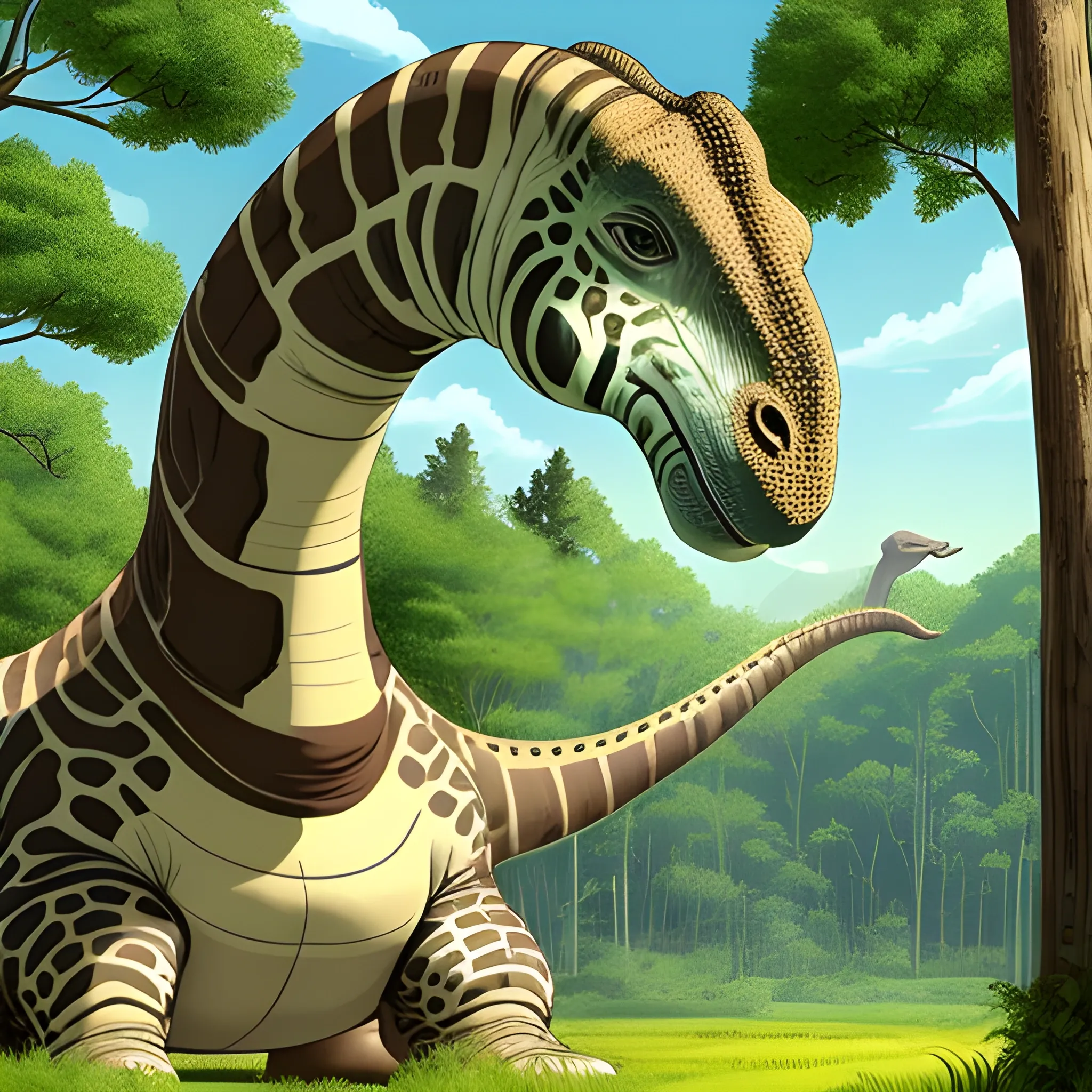 Character: Brachiosaurus the Gentle Giant

Style: Cartoon

Color Palette: Green, brown, yellow

Pose: Brachiosaurus is standing tall in a lush prehistoric forest, its head reaching up to the treetops. Its long neck curves gracefully, and its gentle eyes gaze out at the world with a sense of wonder.

Additional Details:

Brachiosaurus's body should be a mix of green, brown, and yellow, with spots or stripes for added visual interest.
Brachiosaurus's skin should be textured and slightly wrinkled, reflecting its age and wisdom.
Brachiosaurus's eyes should be large and expressive, conveying a sense of kindness and intelligence., Cartoon