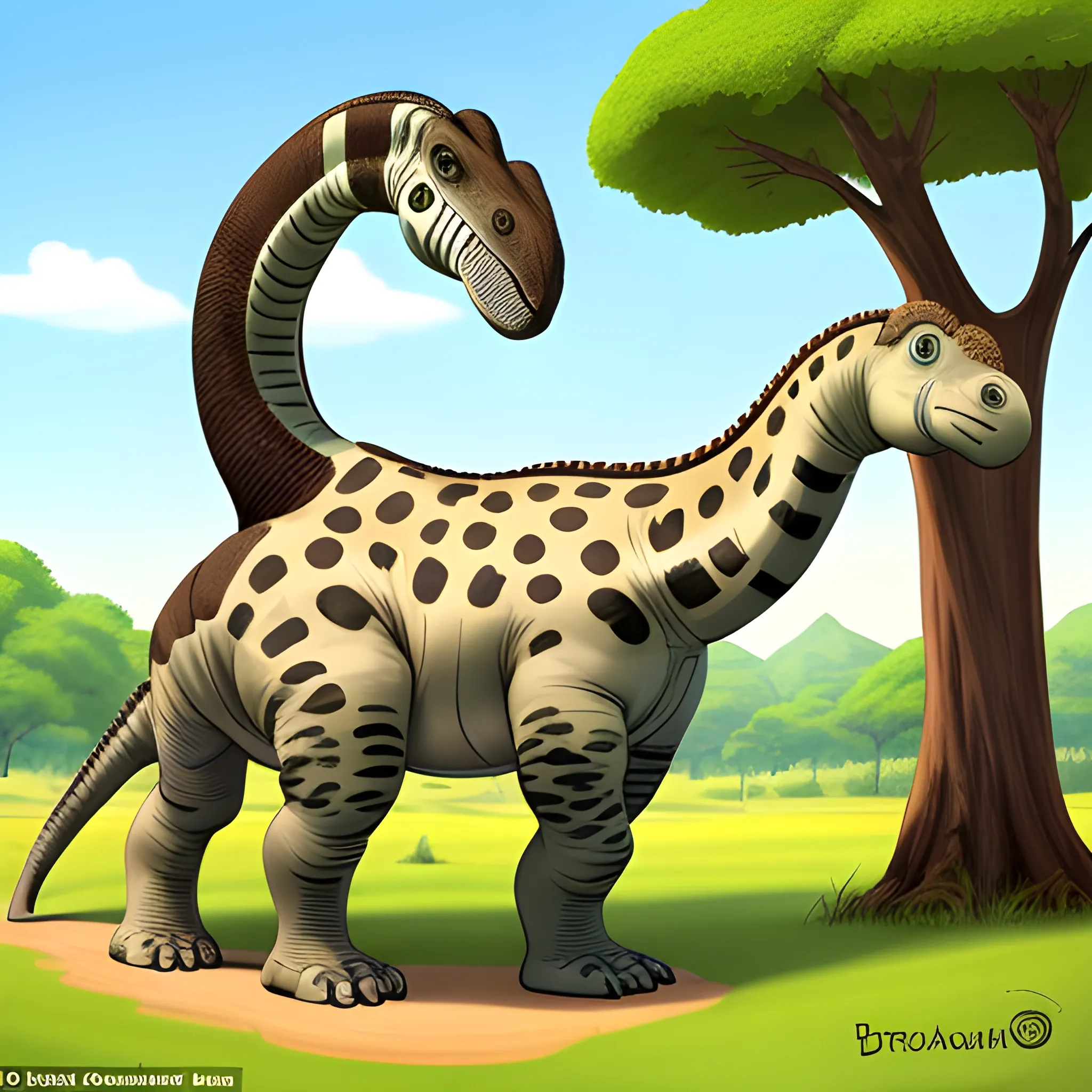 Character: Brachiosaurus the Gentle Giant

Style: Cartoon

Color Palette: Green, brown, yellow

Pose: Brachiosaurus is standing tall in a lush prehistoric forest, its head reaching up to the treetops. Its long neck curves gracefully, and its gentle eyes gaze out at the world with a sense of wonder.

Additional Details:

Brachiosaurus's body should be a mix of green, brown, and yellow, with spots or stripes for added visual interest.
Brachiosaurus's skin should be textured and slightly wrinkled, reflecting its age and wisdom.
Brachiosaurus's eyes should be large and expressive, conveying a sense of kindness and intelligence., Cartoon