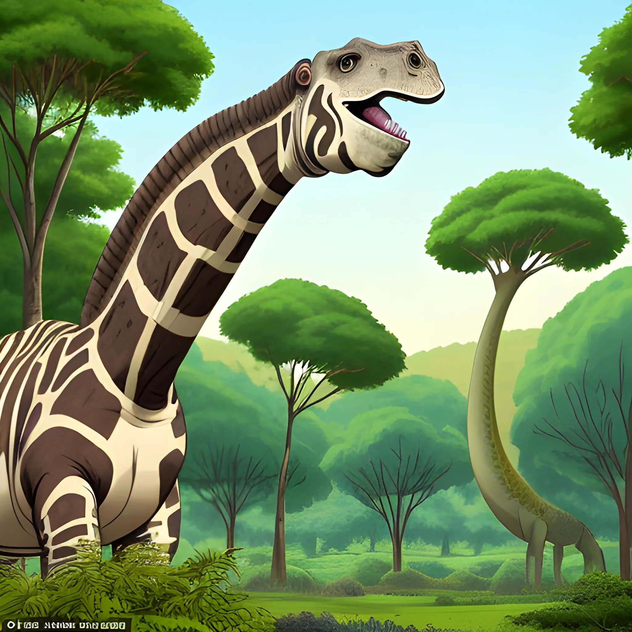 Character: Brachiosaurus the Gentle Giant

Style: Cartoon

Color Palette: Green, brown, yellow

Pose: Brachiosaurus is standing tall in a lush prehistoric forest, its head reaching up to the treetops. Its long neck curves gracefully, and its gentle eyes gaze out at the world with a sense of wonder.

Additional Details:

Brachiosaurus's body should be a mix of green, brown, and yellow, with spots or stripes for added visual interest.
Brachiosaurus's skin should be textured and slightly wrinkled, reflecting its age and wisdom.
Brachiosaurus's eyes should be large and expressive, conveying a sense of kindness and intelligence., Cartoon