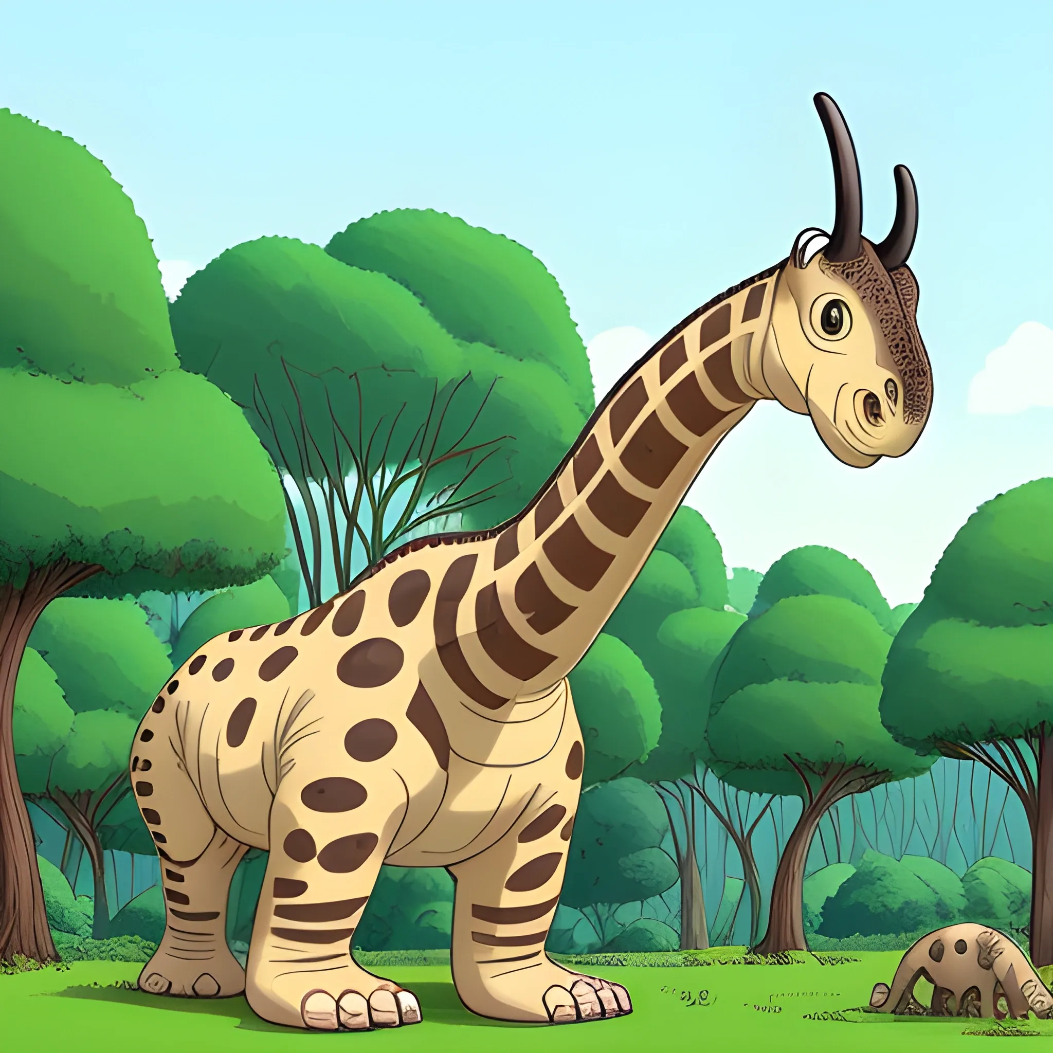 Character: Brachiosaurus the Gentle Giant

Style: Cartoon

Color Palette: Green, brown, yellow

Pose: Brachiosaurus is standing tall in a lush prehistoric forest, its head reaching up to the treetops. Its long neck curves gracefully, and its gentle eyes gaze out at the world with a sense of wonder.

Additional Details:

Brachiosaurus's body should be a mix of green, brown, and yellow, with spots or stripes for added visual interest.
Brachiosaurus's skin should be textured and slightly wrinkled, reflecting its age and wisdom.
Brachiosaurus's eyes should be large and expressive, conveying a sense of kindness and intelligence., Cartoon