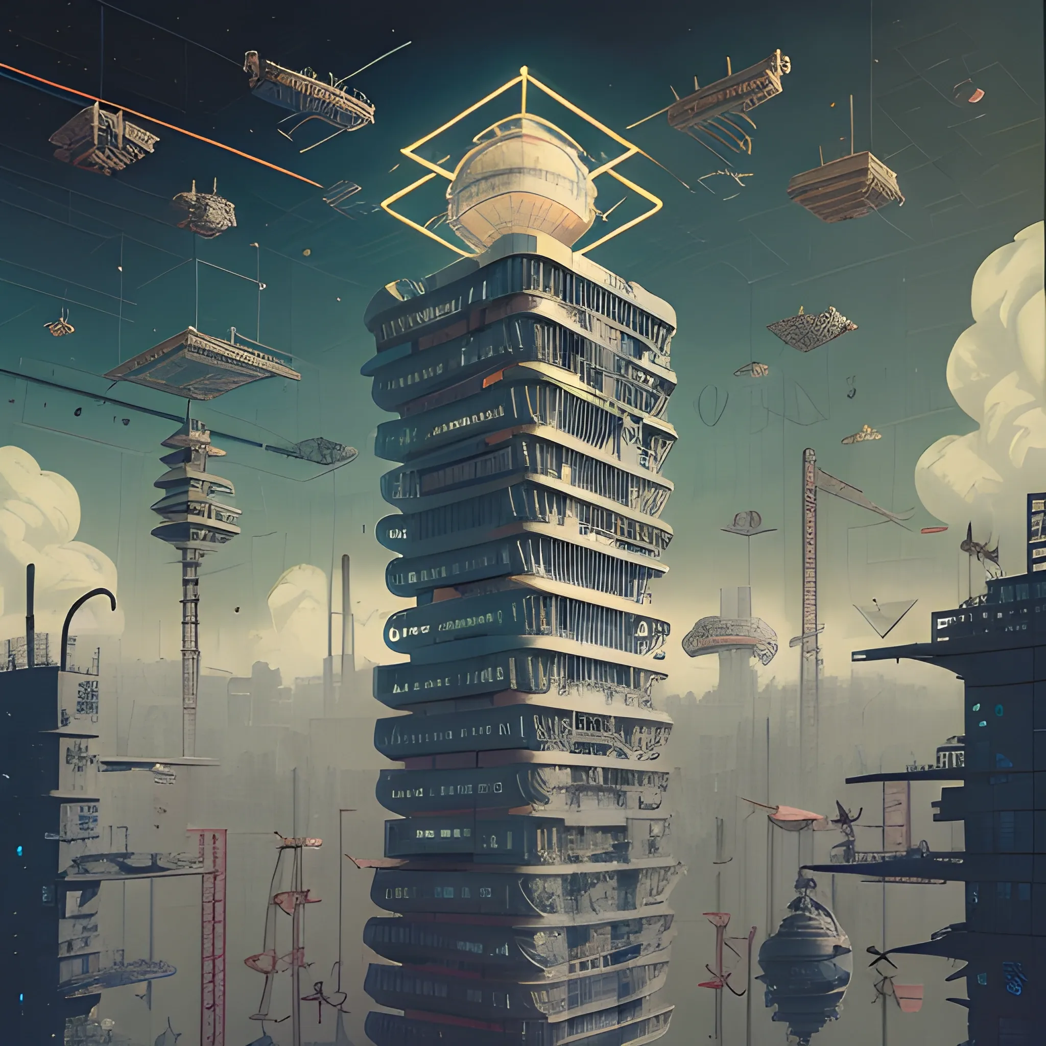 A faded, retro-futuristic illustration of Key Carson, surrounded by miniature cityscapes and construction cranes, standing precariously on a tightrope above a maze of blueprints and scattered papers. Kirby's iconic Warp Star hover above, beaming down an alert signal, as Beck's lyrics scribbled on torn notebook pages swirl around them, forecasting an impending catastrophe. The colors are muted, with a dominant tone of industrial grey, as if the scene was drawn from a vintage, worn-out paperback sci-fi novel.