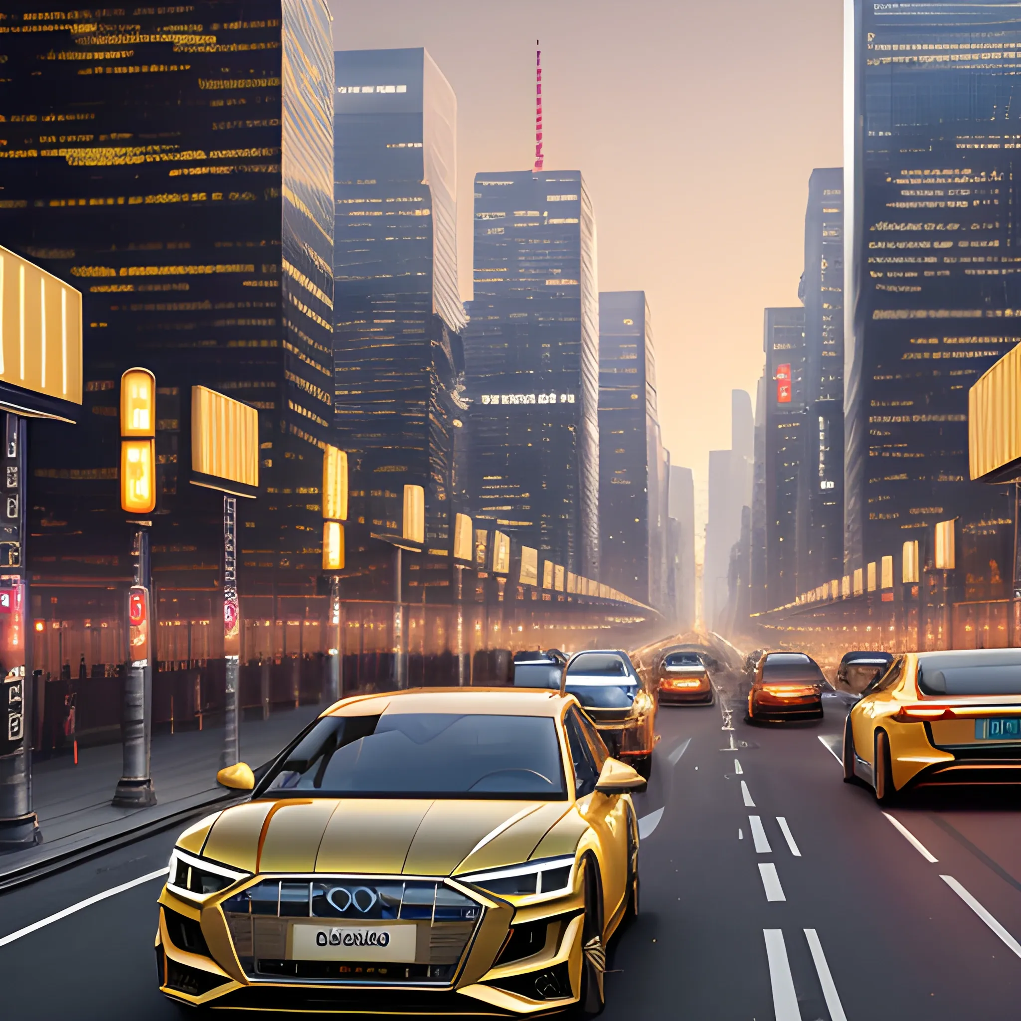 A sprawling metropolis bathes in a warm, golden light as a sleek Audi A6 e-tron hybrid spearheads a fleet of city-dwelling electric and hybrid vehicles on a futuristic, elevated highway. The futuristic cars weave through a labyrinth of curvaceous skyscrapers as streetlights and billboards illuminate the city's vibrant, high-tech atmosphere.
