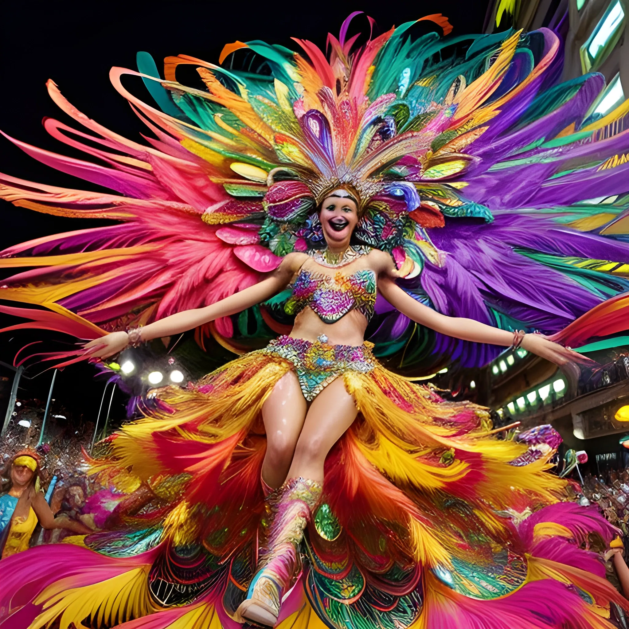 A radiant figure, adorned in vibrant feathers and sequins, perches atop a kinetic, exuberant float that winds its way through the pulsating streets of Rio de Janeiro's Carnival. The scene is awash in vivid colors and dynamic, swirling shapes, resembling the energetic chaos and joyous abandon found in the works of Di Cavalcanti and Portinari. The atmosphere crackles with infectious energy and kaleidoscopic excitement, as if each fleeting moment bursts forth from a never-ending celebration of life, dance, and music.
