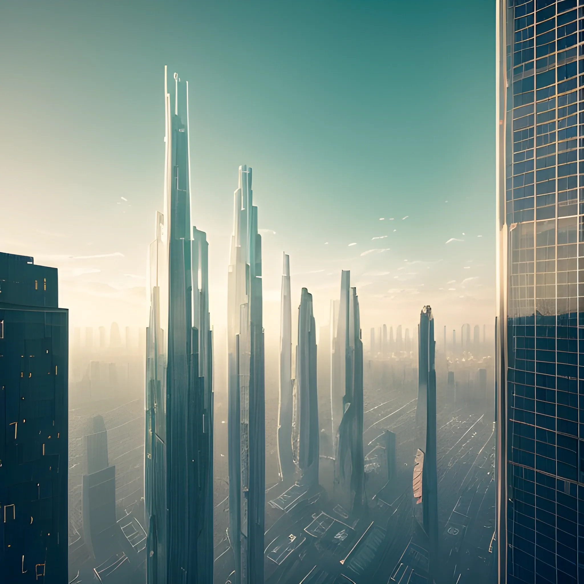 A solitary figure stands at the precipice of a towering, crystalline skyscraper, bathed in the warm glow of futuristic streetlights. Hovering vehicles weave around neon-painted buildings, casting fleeting shadows on the concrete jungle below. Sleek, metallic structures reach towards the heavens, adorned with intricate patterns that resemble molecular structures. The distant horizon teems with towering structures that resemble colossal, futuristic trees, their branches reaching for the clouds.