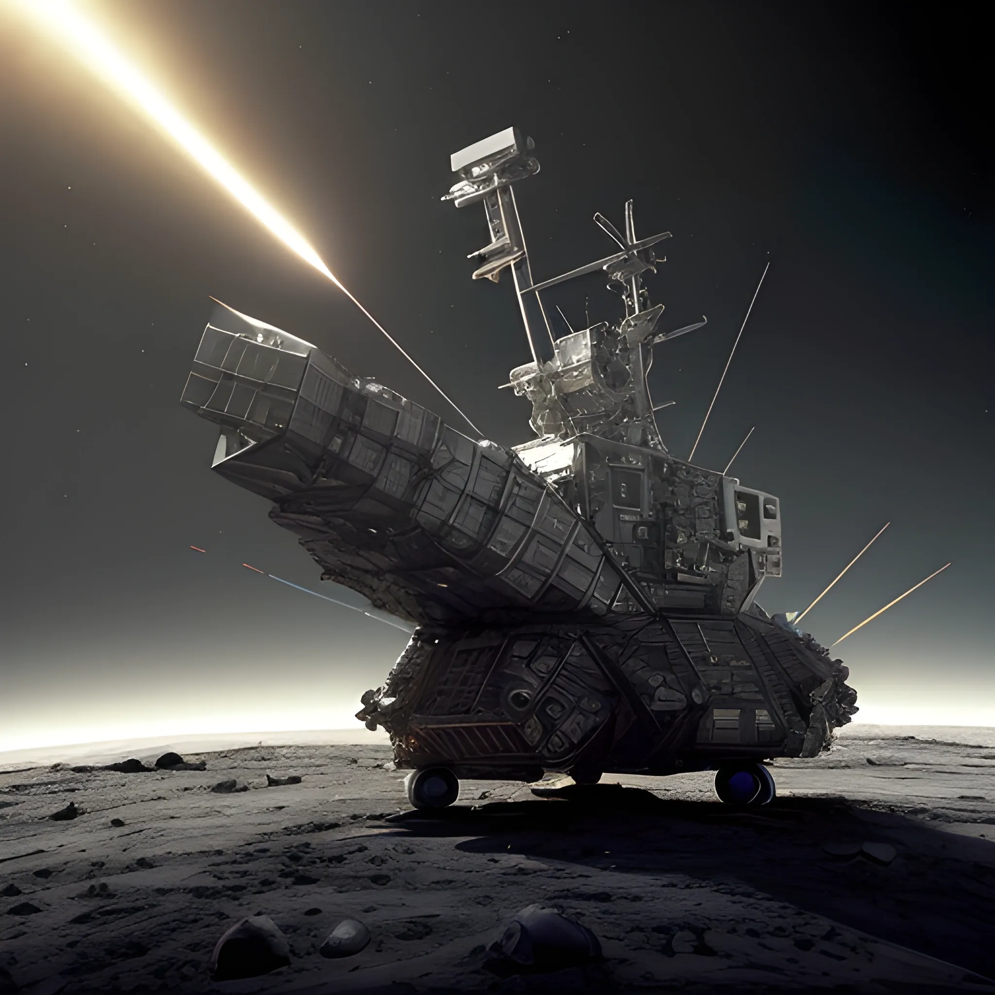 An Hawk asteroid-lander drilling an asteroid, in the style of realistic hyper-detailed rendering, dark space scene, punctuated photo-realistic, digital art, fantastic realism