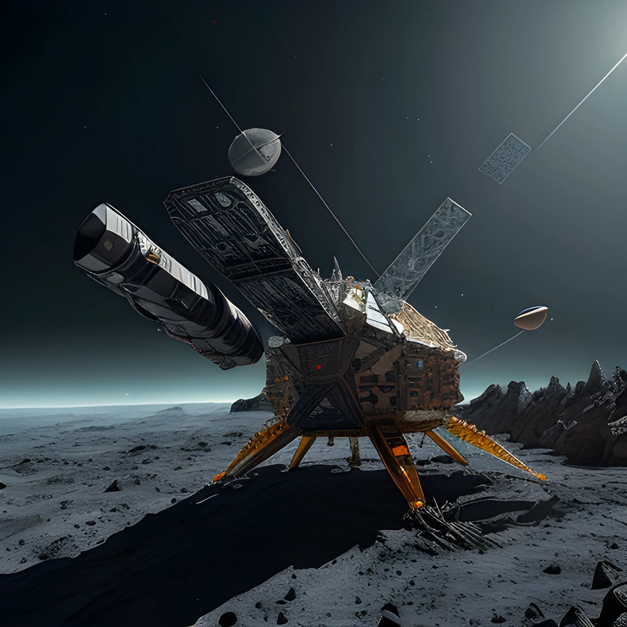 An Hawk shape asteroid-lander drilling an asteroid, in the style of realistic hyper-detailed rendering, dark space scene, punctuated photo-realistic, digital art, fantastic realism