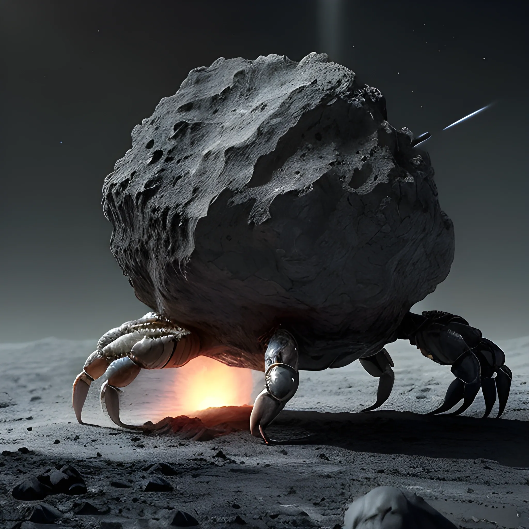 An crab shape asteroid-lander drilling an asteroid, in the style of realistic hyper-detailed rendering, dark space scene, punctuated photo-realistic, digital art, fantastic realism