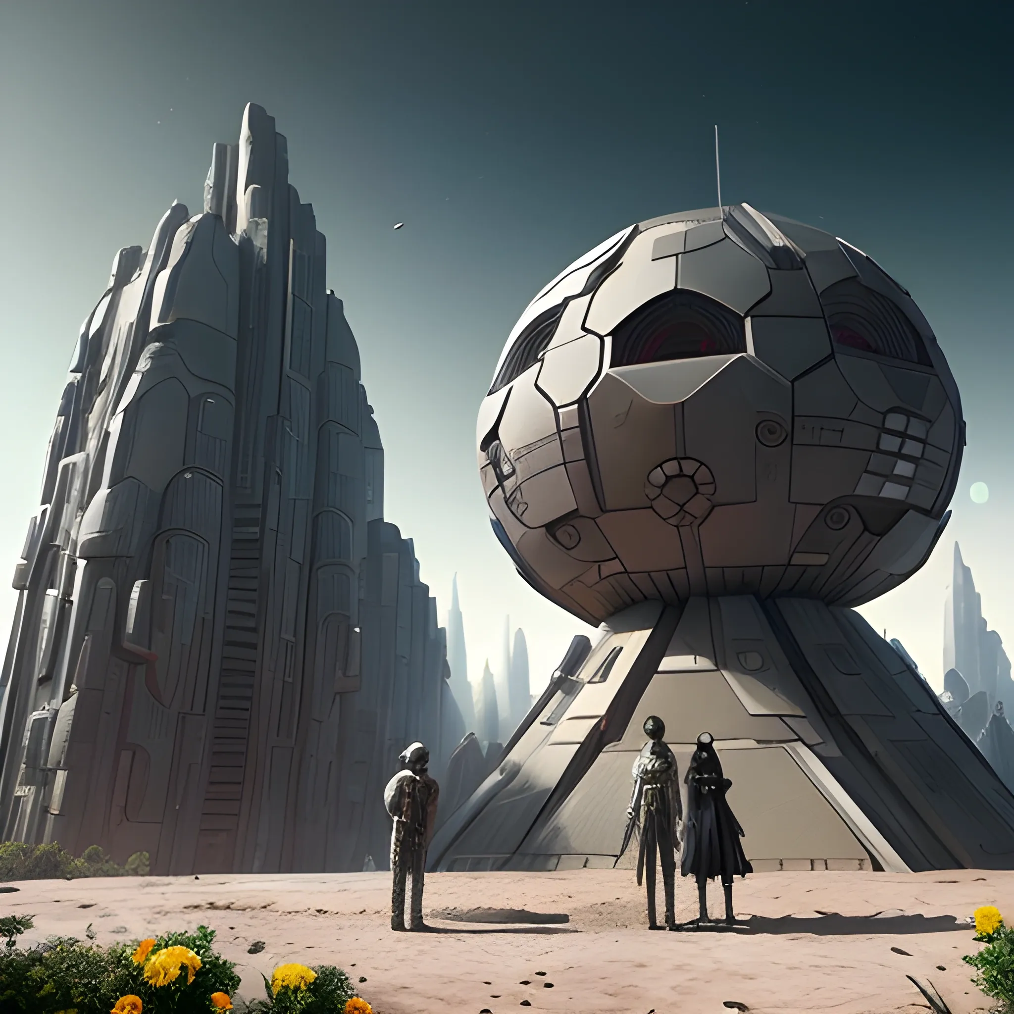 A man and woman from another world standing in front of a building on a habitable planet, An Hawk asteroid-lander drilling an asteroid, architecture of the buildings should be divinely inspired, humble yet advanced, plants and flowers, trees and foliage should be included in the scene, Luis Duarte style, Sci-Fic Art, Mythpunk, Cyberpunk, Dark Influence,