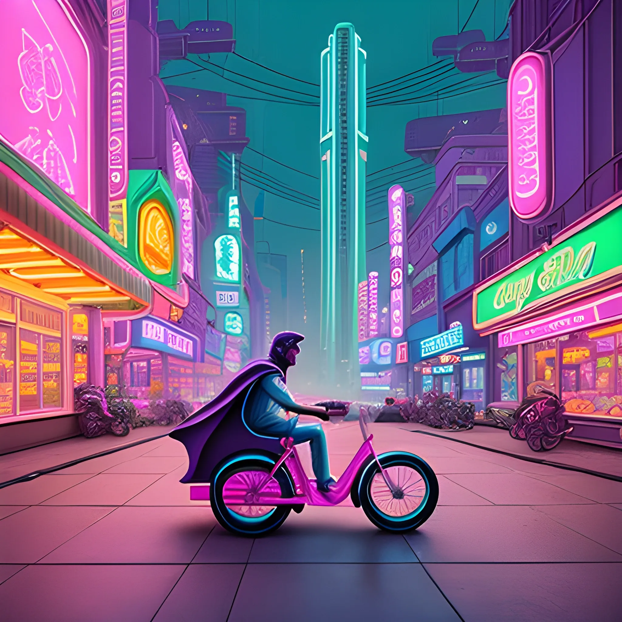 A vintage pastel-hued tire trike cruises through the neon-lit streets of a futuristic city, casting long shadows on towering skyscrapers. The rider's silhouette is barely visible beneath a cloak of luminescent fabric, reflecting a holographic city map onto the asphalt. Neon fruit sculptures illuminate the curbs, and the scent of exotic pastries hangs thick in the air.