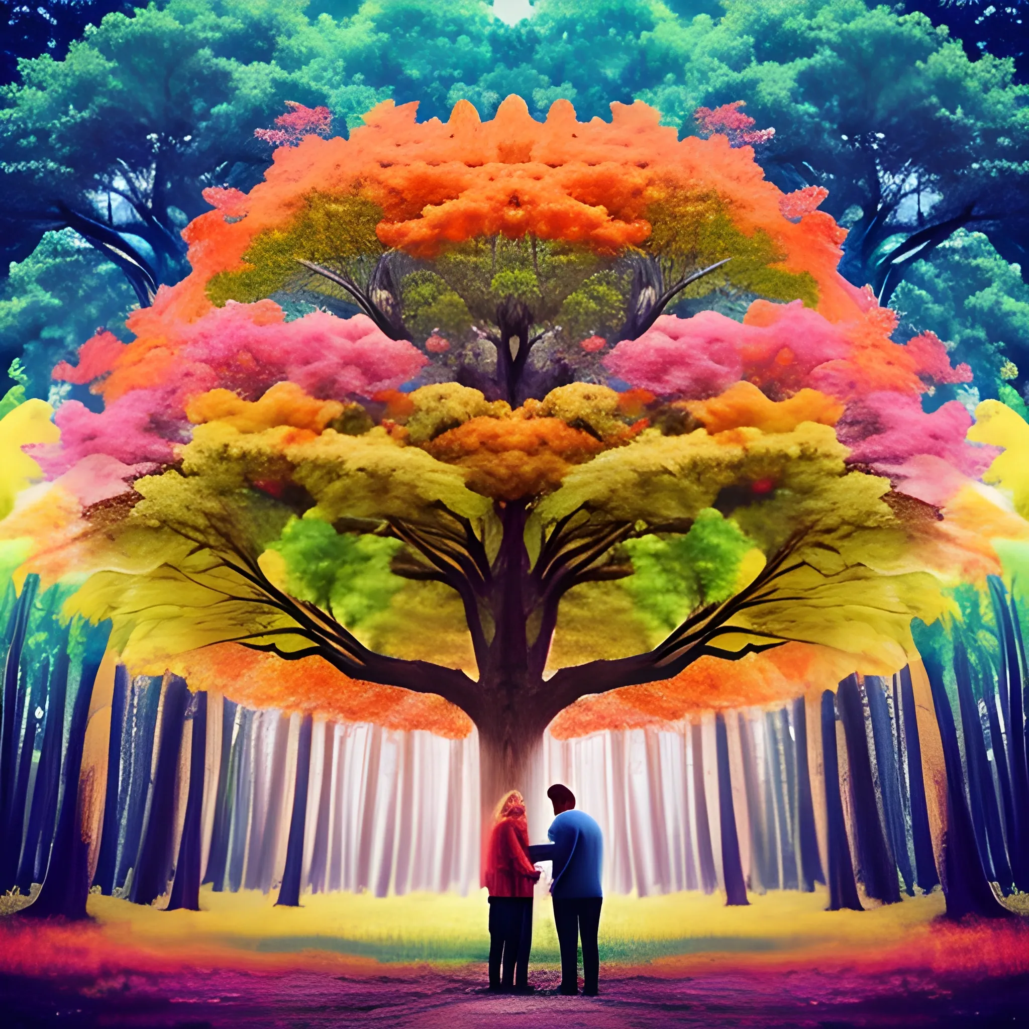 A photo of a huge colourful tree habitat's, a man and woman emotionally spacing out to the sky. Use a palette that complements the style of Jules Vernes