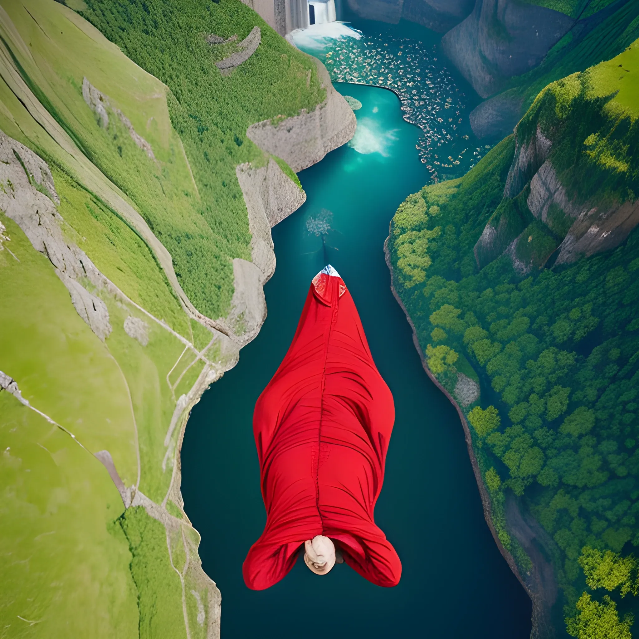 Aerial view, wing-suit flight, there is a wing suit jumper flying over a red flower with a waterfall