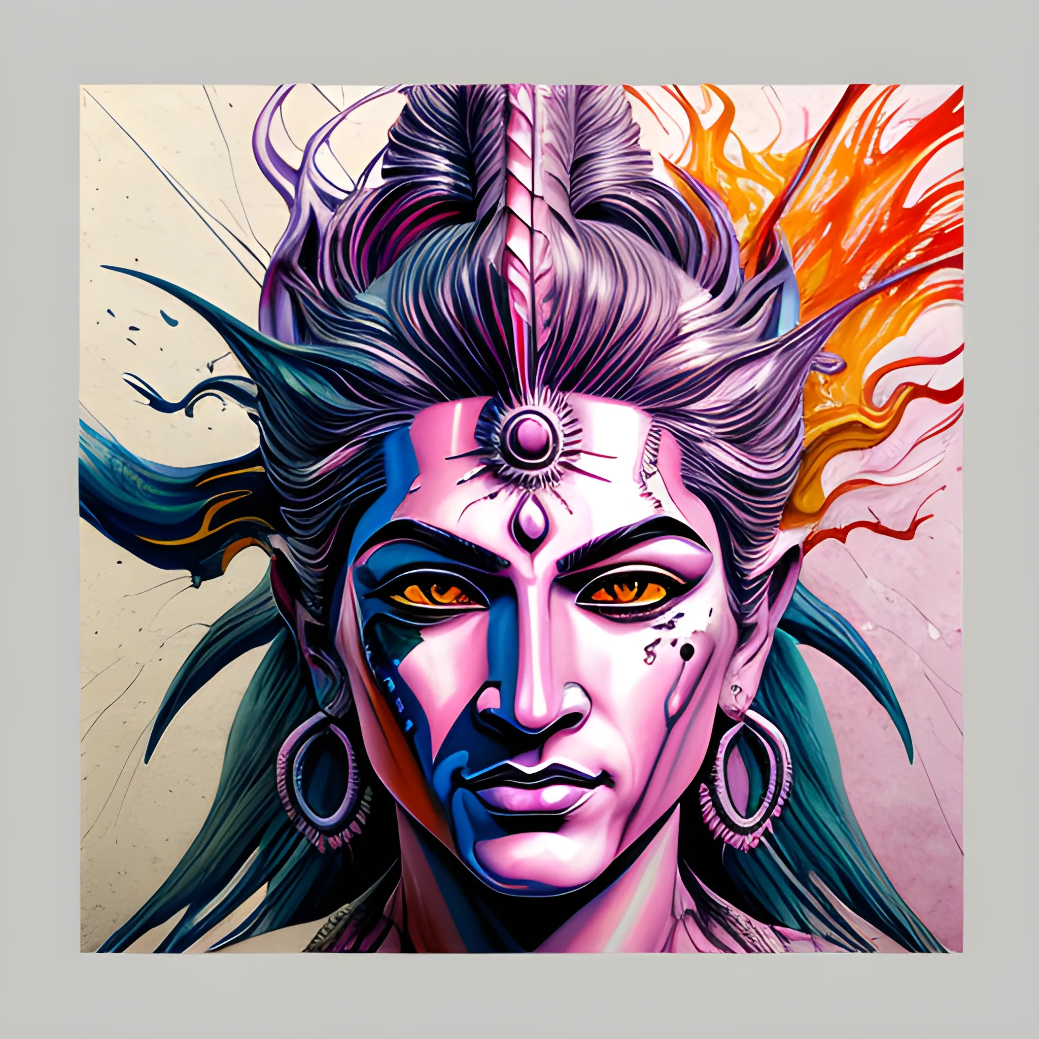 Luis Duarte Art - A stunning illustration of Lord Shiva , the god of Hindu, , By Luis Duarte, Luis Duarte style, Face Potrait, Futayo, Ink v2, Gurokawa, Kintsugi, Ukiyo-E 3D Render, 3D, High definition, Photo detailed, specified,  NijiExpress 3D v3, Oilpainting, Ink v3, Splash style, Abstract Art, Epic style, Illustrated v3, Deco Influence, AirBrush style, drawing, Metallic Effect, Geo2099 style, Mixpnk