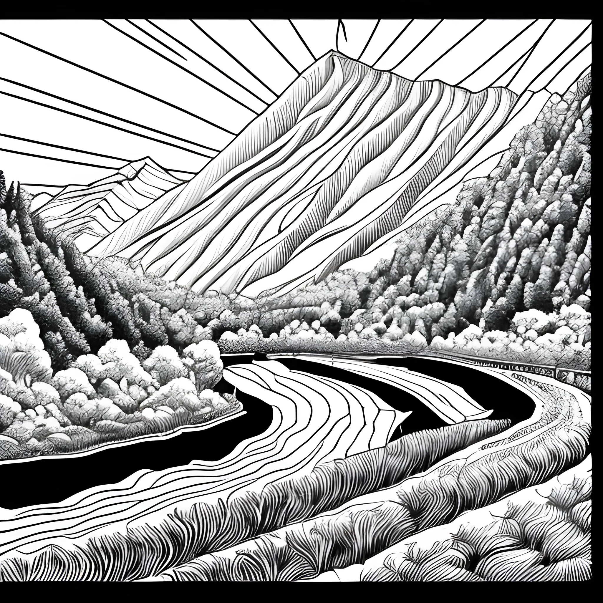 line art,line style,as style,best quality, masterpiece, landscape crossed by a river, black and white