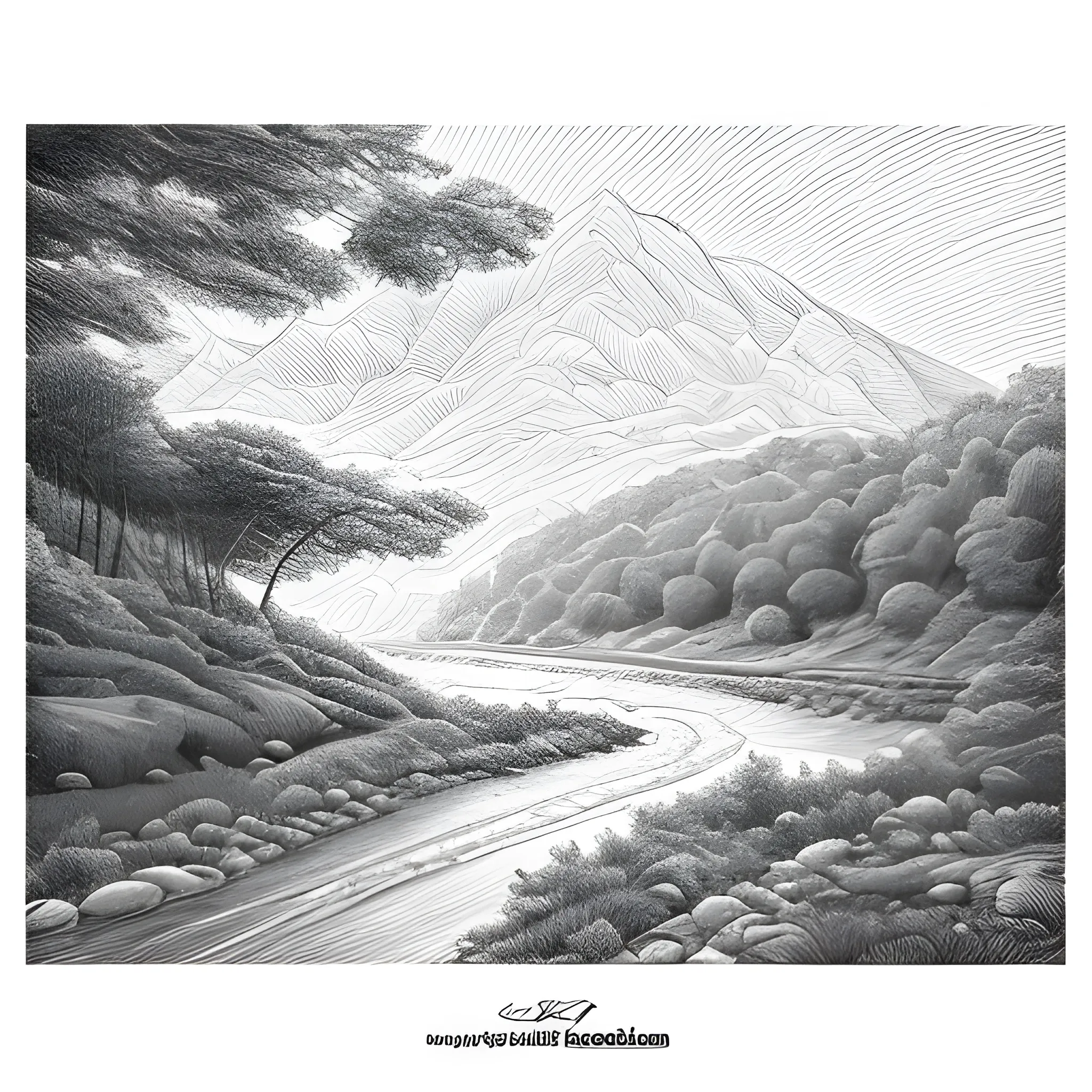 line art,line style,as style,best quality, masterpiece, landscape crossed by a river, black and white, Pencil Sketch