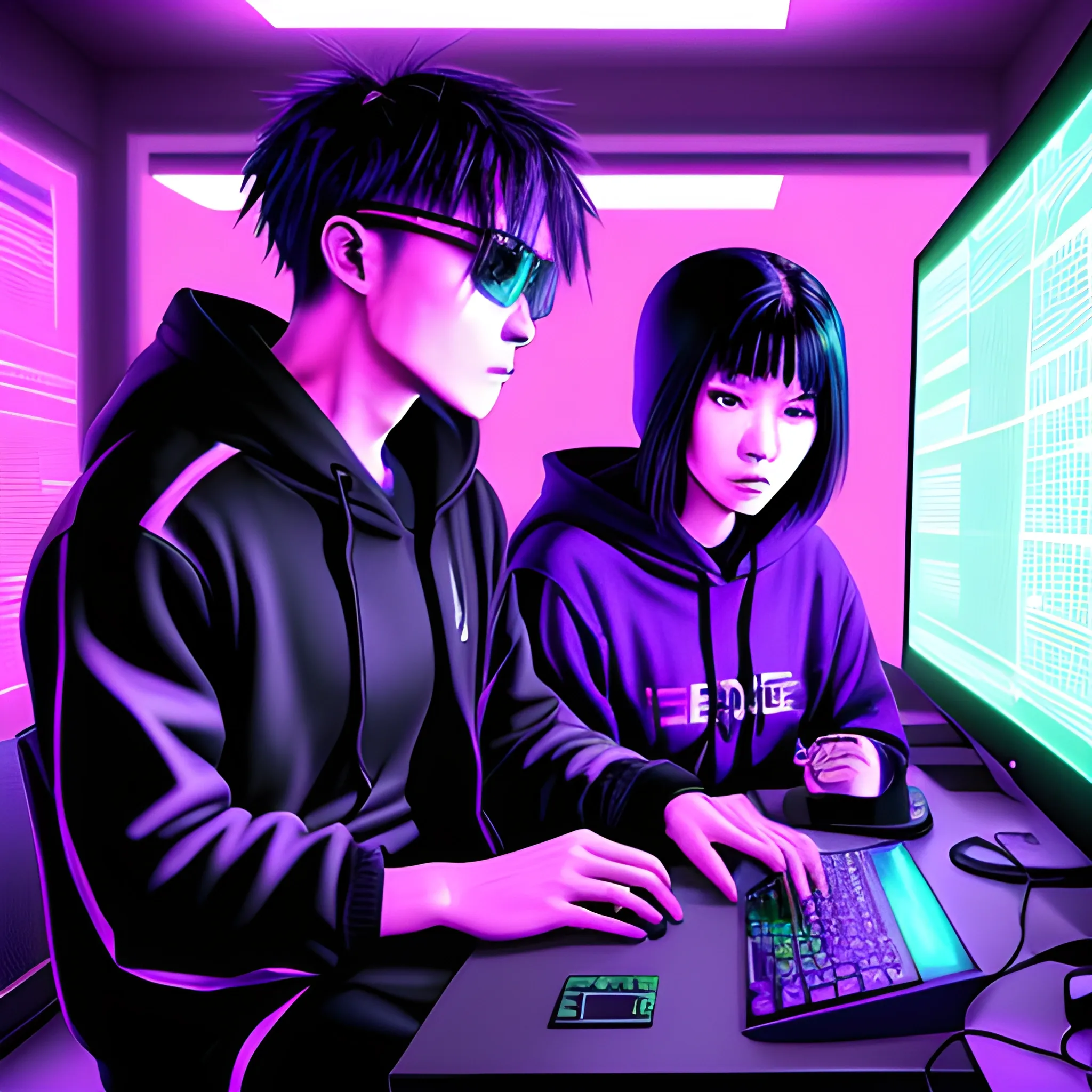 Make me the image of a Korean hacker and a Spanish hacker, both wearing hoodies looking at each other in profile, you can tell they are in love, sitting cross-legged, the man taller than the woman, with their computers in the middle. , a background like the Matrix screen but with lines of (computer) code and everything in purple and black, as if they were inside a virtual environment. neon punk and digital art style