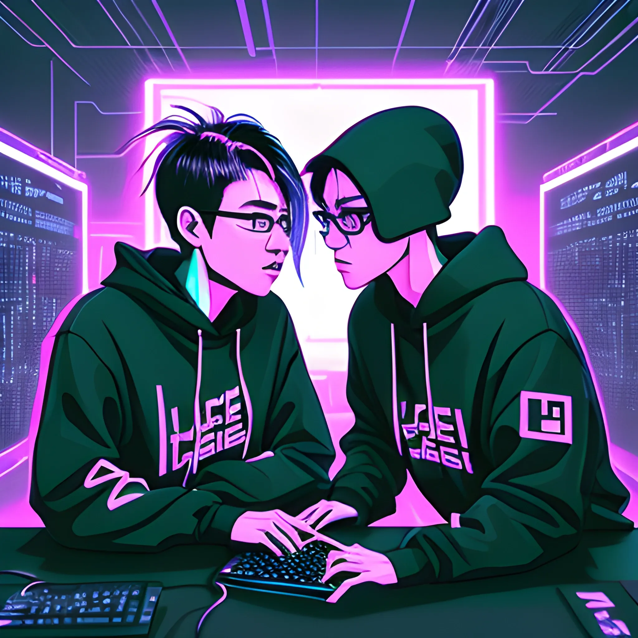 Make me the image of a Korean hacker and a Spanish hacker, both wearing hoodies looking at each other in profile, they are in love, sitting cross-legged, the man taller than the woman, with their computers in the middle, a background like the Matrix screen but with lines of (computer) code and everything in purple and black, as if they were inside a virtual environment with neon punk and digital art style