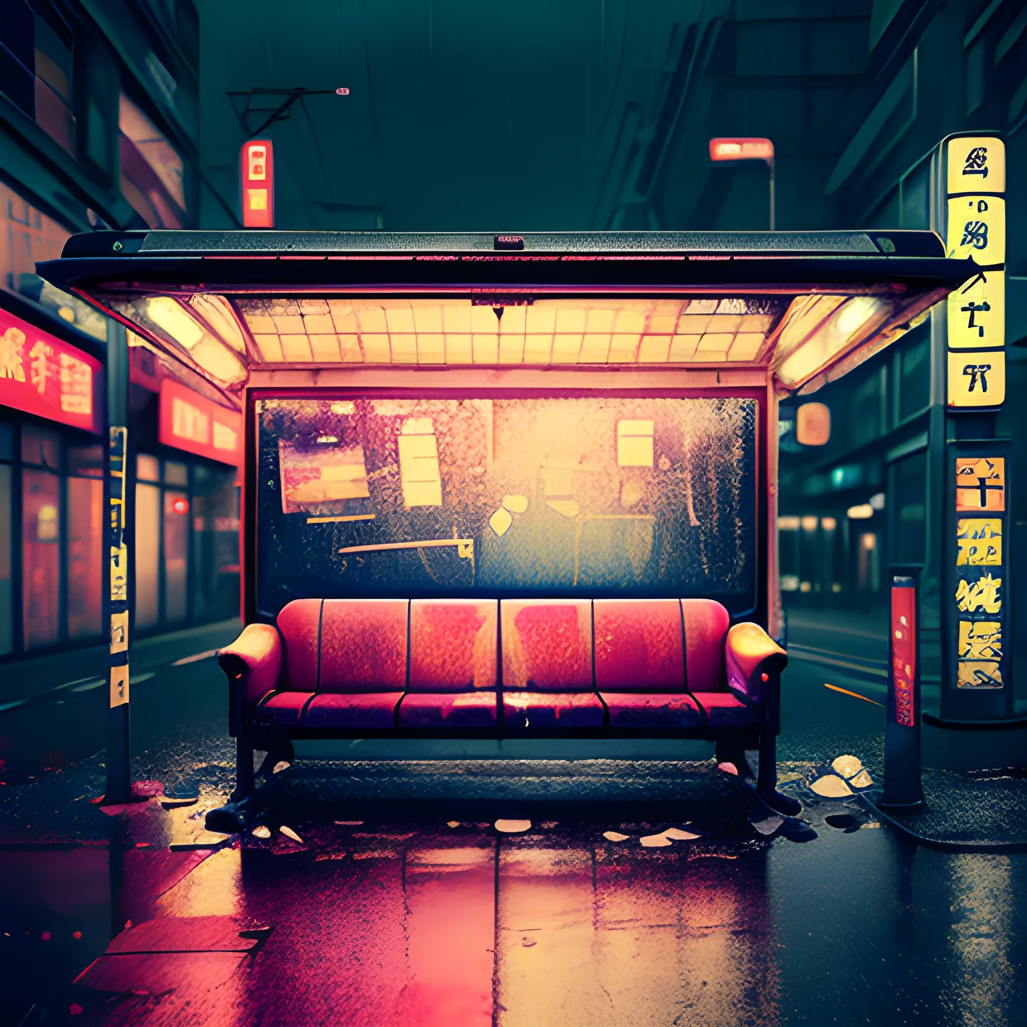 Create art with japanese damaged bus stop, glass, old damaged sofa with scratches, 3D, rainy weather, not intense colours, night, delicate neon lights in the background, dark, desaturated, no people, no street