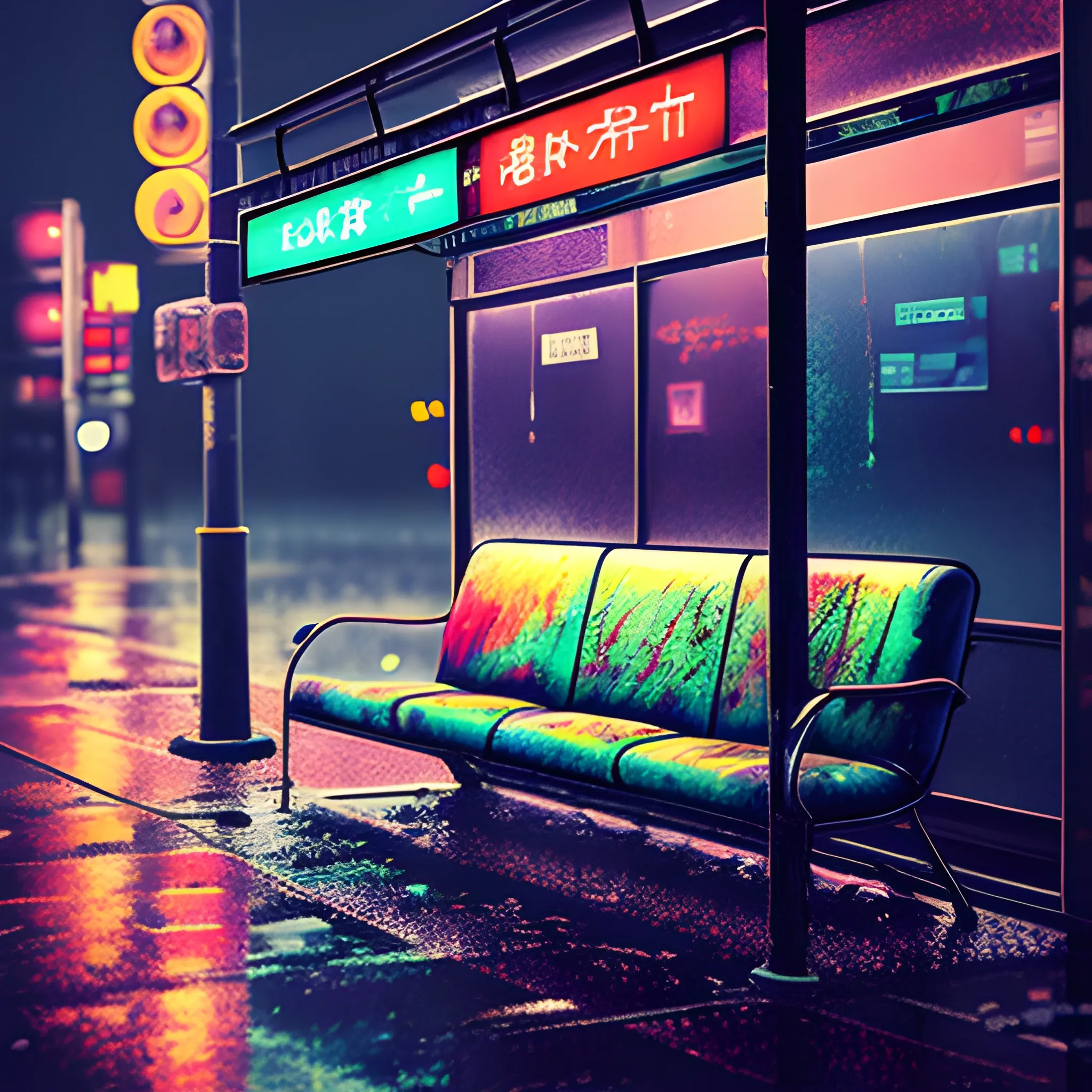 Create art with japanese damaged bus stop, glass, old damaged sofa with scratches, 3D, rainy weather, not intense colours, night, delicate neon lights in the background, dark, desaturated, no people, no street