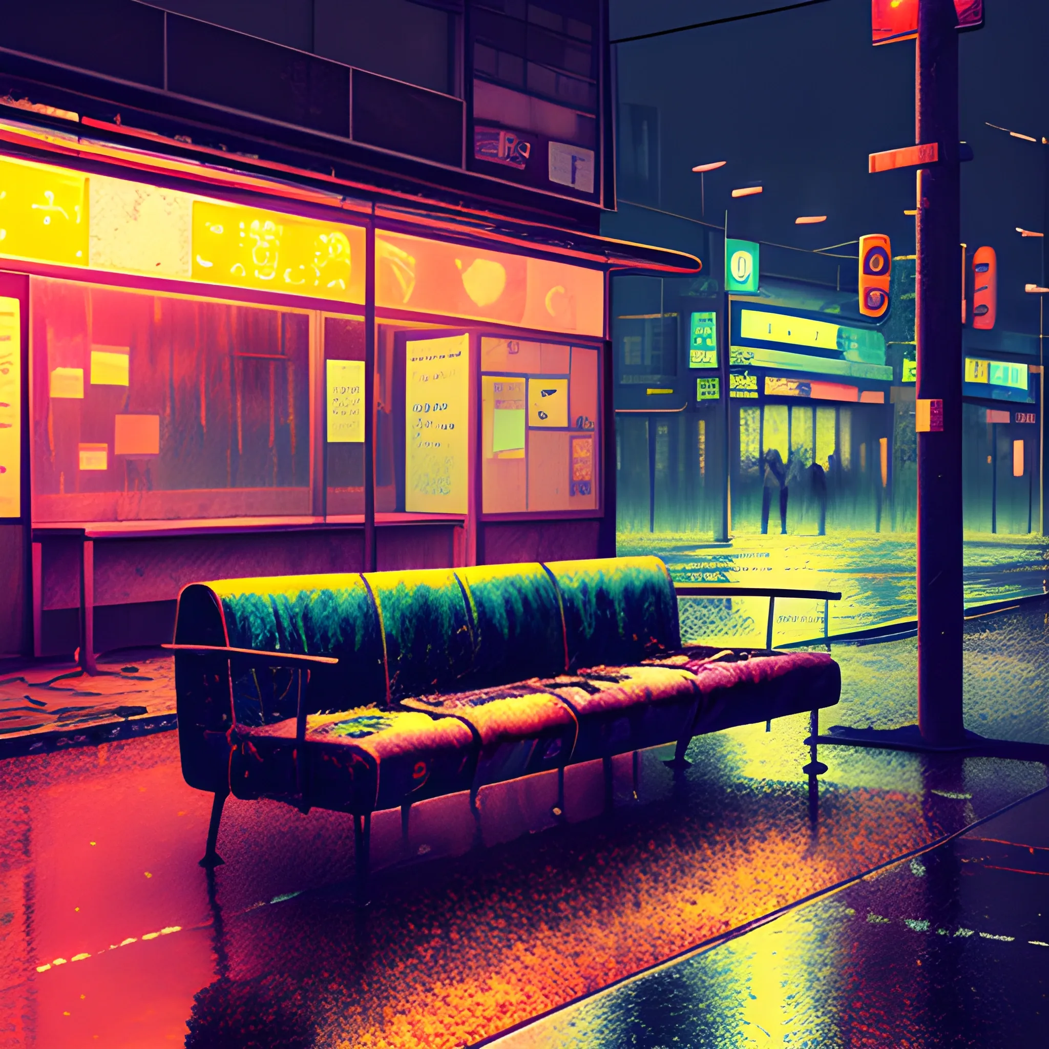 Create art with japanese damaged bus stop, glass, old damaged sofa with scratches, 3D, rainy weather, not intense colours, night, delicate neon lights in the background, dark, desaturated, no people, no street