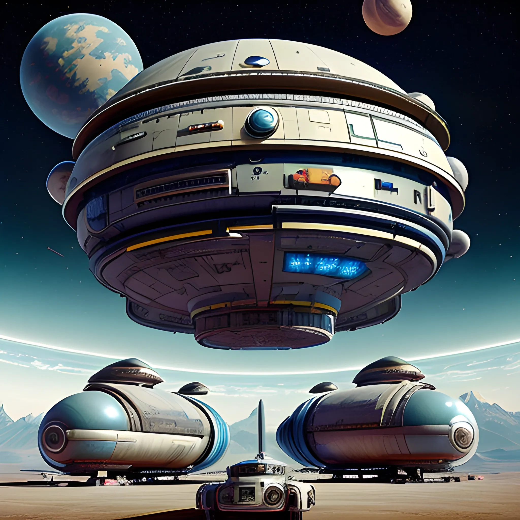 A vibrant cosmic background with a myriad of futuristic spaceships. These ships vary in design, color, and size. Some are sleek and streamlined, while others have intricate patterns and designs. The central focus is a large, circular space station with a unique, infinity-like shape. The central focus is a large, circular space station with a unique, infinity-like shape. A starship made from the following: a beat up old washer, MRI Machine, Giant Cast Iron Pot Belly Wood Stove, 1934 Winnebago, tons of duct tape, odd vehicle parts, 2 large shipping containers,1924 Deusenberg.The ships are scattered throughout the image, with some hovering near the station and others dispersed in the cosmic expanse. A captivating and eccentric sci-fi scene featuring a central focus of a massive, circular space station with a unique, infinity-like shape. The station is adorned with a variety of makeshift starships, including a beat-up old washer, an MRI machine, a giant cast iron pot belly wood stove, a 1934 Winnebago, tons of duct tape, odd vehicle parts, two large shipping containers, and a 1924 Deusenberg. The starships are scattered throughout the image, with some hovering near the station and others dispersed across the cosmic expanse, creating a whimsical and imaginative atmosphere.A mesmerizing and imaginative scene of diverse, fantastical spaceships scattered throughout the cosmos. The central focus is a magnificent, circular space station with an infinity-like shape, surrounded by an array of ships with varying designs, colors, and sizes. The space station is adorned with a unique blend of makeshift starships, including a beat-up old washer, an MRI machine, a giant cast iron pot belly wood stove, a 1934 Winnebago, tons of duct tape, odd vehicle parts, two large shipping containers, and a 1924 Deusenberg. The starships are scattered throughout the image, with some hovering near the station and others dispersed across the cosmic expanse, creating a whimsical and imaginative atmosphere. A captivating and eccentric sci-fi scene featuring a central focus of a massive,A captivating and eccentric sci-fi scene featuring a massive, circular space station with an infinity-like shape, reminiscent of a steampunk-inspired wonderland. The station is adorned with a variety of makeshift starships, such as a beat-up old washer, an MRI machine, a giant cast iron pot belly wood stove, a 1934 Winnebago, tons of duct tape, odd vehicle parts, two large shipping containers, and a 1924 Deusenberg.A starship made from the following: a beat up old washer, MRI Machine, Giant Cast Iron Pot Belly Wood Stove, 1934 Winnebago,1924 Deusenberg.The ships are scattered throughout the image, with some hovering near the station and others dispersed in the cosmic expanse. The overall theme suggests a setting in outer space, possibly in a galaxy or universe where advanced civilizations exist. Multiple Gothicpunk spaceships with diverse designs are docked or drifting nearby, reflecting the myriad tastes of the various alien species. Alien beings in unique attire are seen engaging in various activities, while construction equipment is actively in use, signaling the ongoing expansion of this interstellar habitat. A colossal glowing planet dominates the backdrop, while a drone captures the essence of this bustling interstellar community. This scene is rendered in Octane with 4D 750k UHD resolution, drawing inspiration from the visionary minds of Mel Brooks, Steven Spielberg, J. Michael Straczynski, and Harlan Ellison.