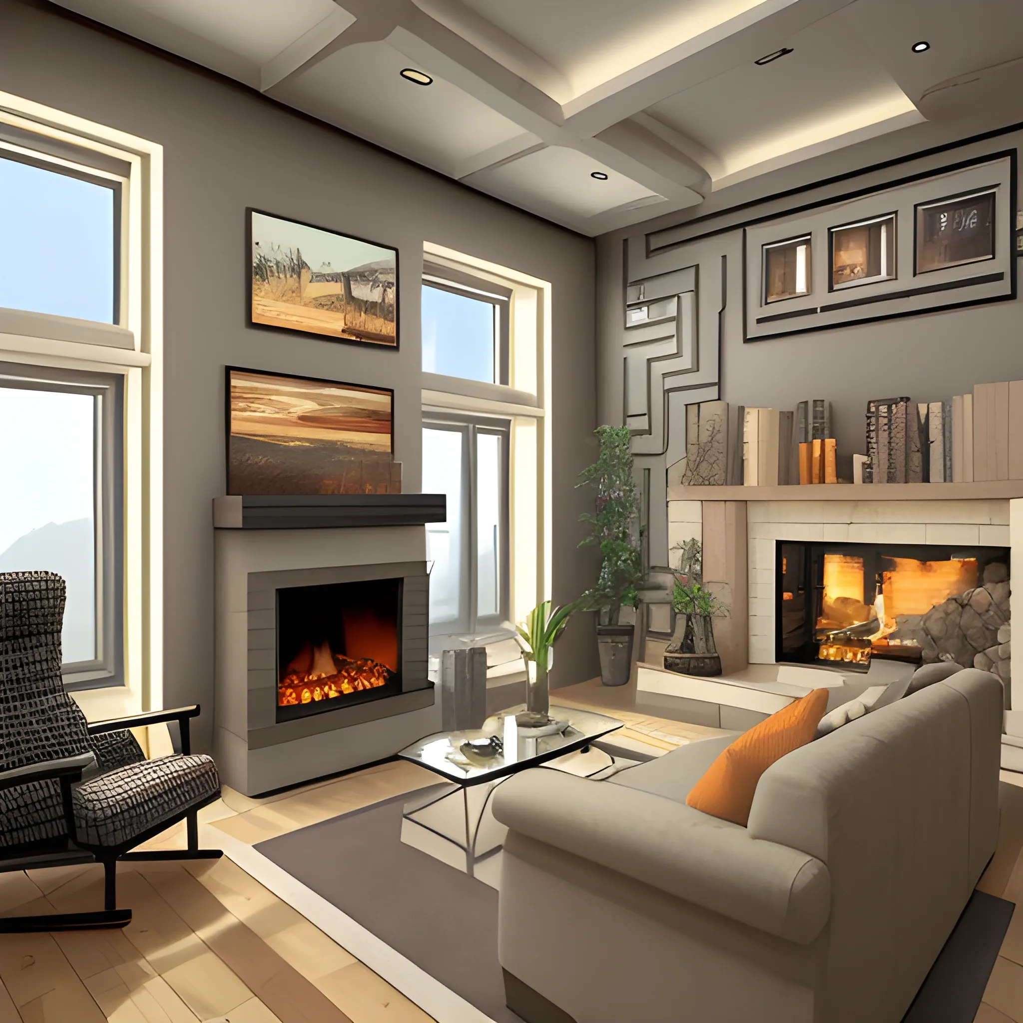 a warm, cozy living room in the year 2024 with wall frames and interior design. No persons in it, please.