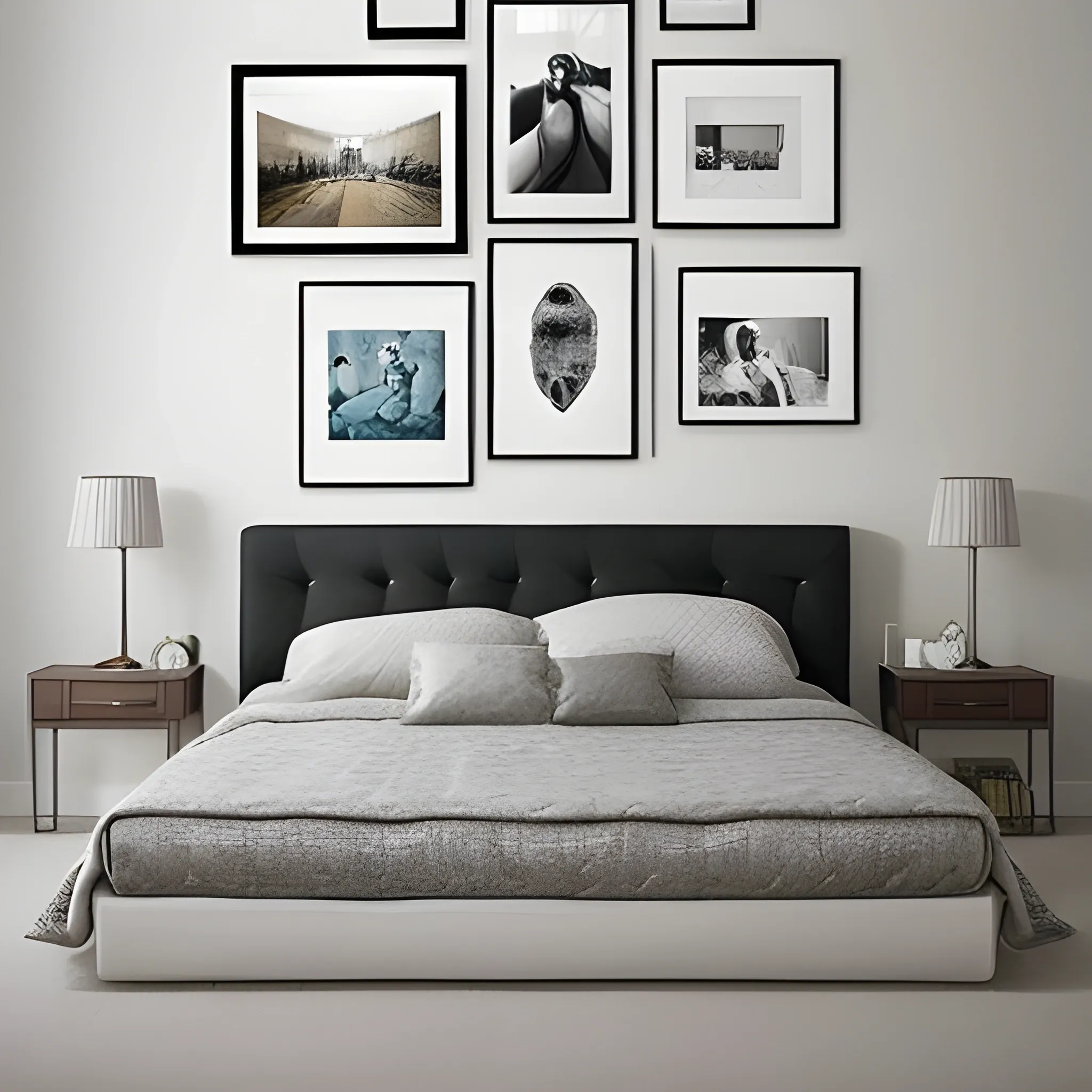 Show me one wall in a bedroom where you'll hang some frames to decorate. No people in it.