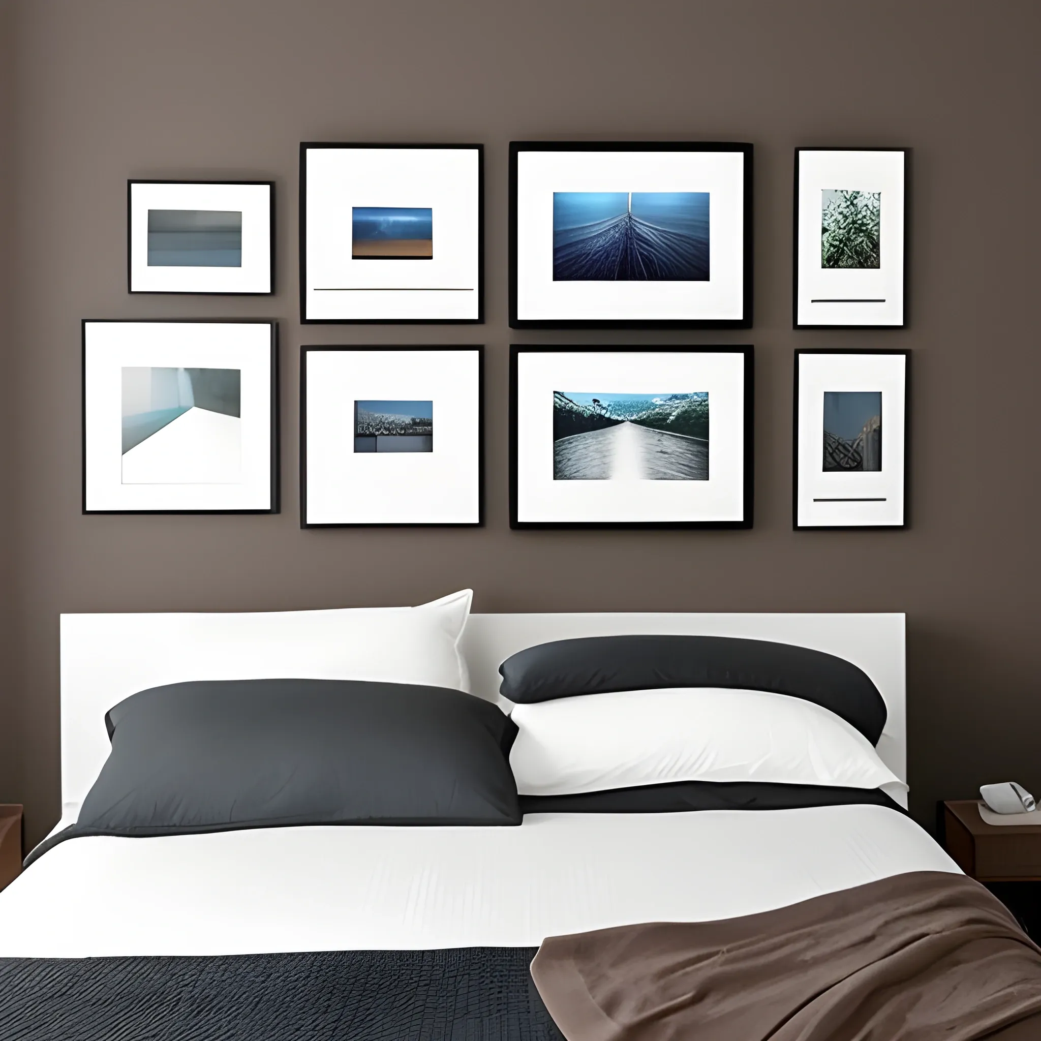 Show me one wall in a bedroom where you'll hang three small or medium frames to decorate. No people in it.