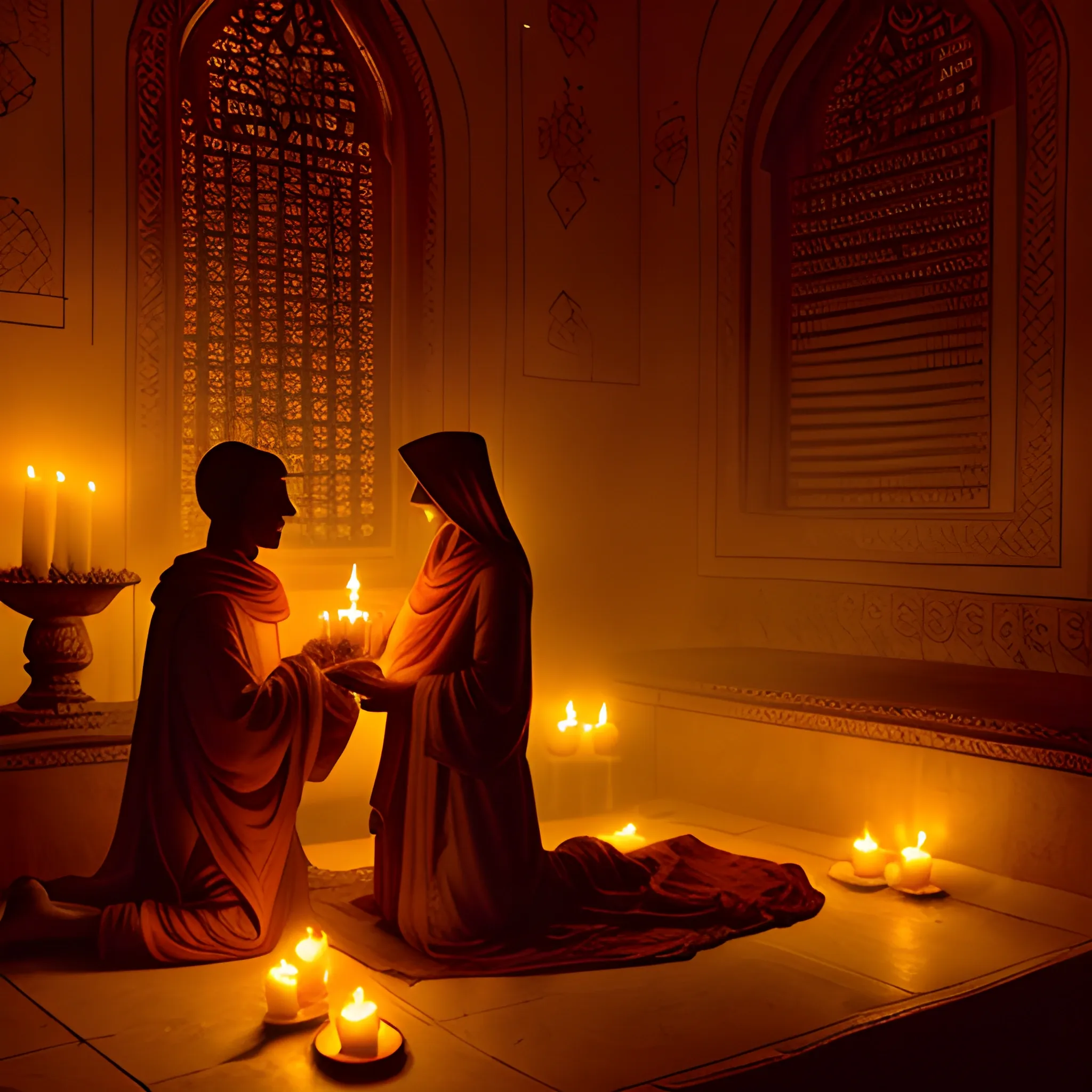 A dimly lit chamber bathed in the glow of candlelight, a saffron-robed figure kneels beside a shadowy figure draped in a crimson veil. Golden light emanating from a distant window casts an ethereal glow over their faces, adorned with intricate henna patterns. The air is thick with the scent of sandalwood and the rhythmic chanting of ancient mantras.