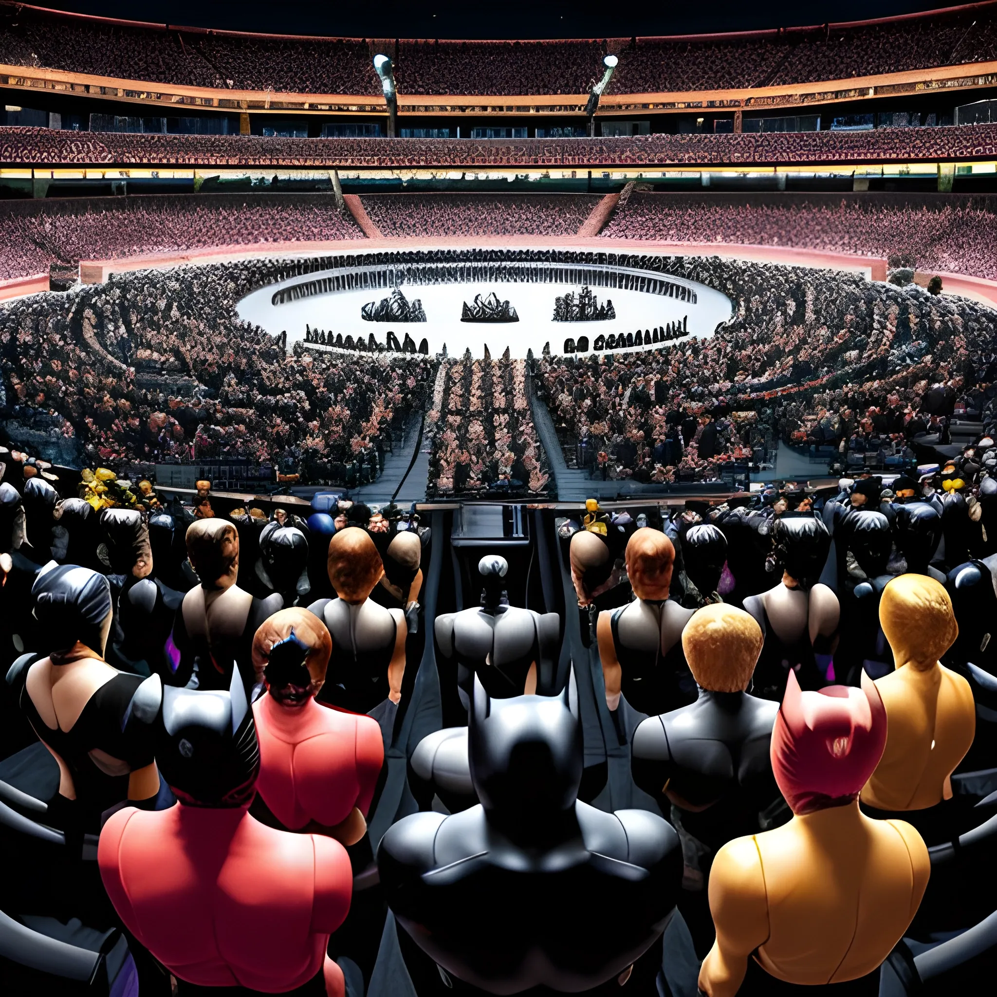 An image of a large, circular arena filled with a diverse crowd of female spectators, all eagerly anticipating the superhero showdown between Catwoman and Batman. The audience is a sea of vibrant colors, with various sarees, salwar kameez, and western outfits on display. The women are of different ages, shapes, and sizes, each with unique facial features and expressions of excitement. The lighting is bright, casting long, dramatic shadows across the arena floor. In the center of the arena, Catwoman, dressed in her skintight black catsuit with a cat-eared cowl, stands confidently, her muscular physique on full display. Batman, in his iconic grey and black suit, stands a few feet away, his chiseled features set in a determined expression. The atmosphere is electric, filled with the scent of popcorn and excitement