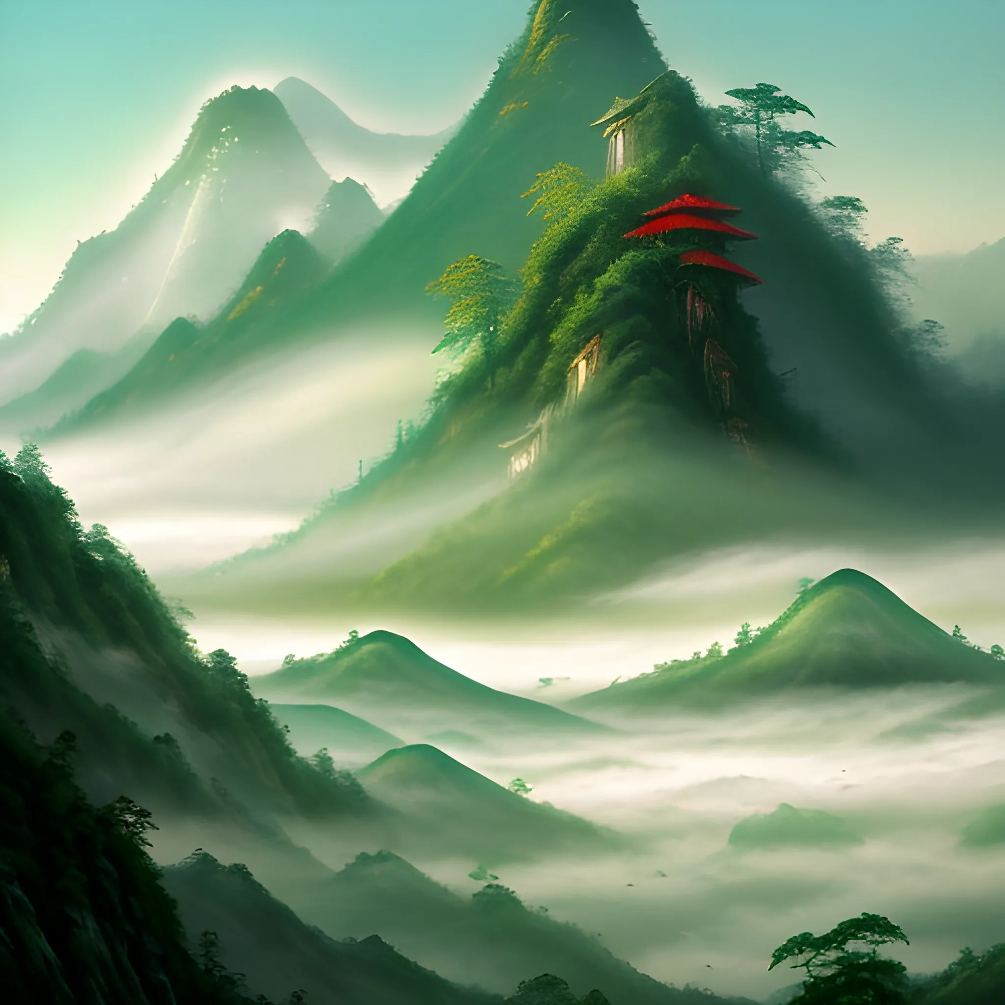 A serene cascade of mist dances amidst towering peaks, each adorned with vibrant jade vegetation. Pale sunlight filters through the canopy, casting ethereal shadows upon a traditional Chinese scholar perched beside a bubbling teacup filled with Emperor's Clouds. The vibrant hues of the mountains blend seamlessly with the hazy embrace of the mist, creating a calming symphony of tranquility and natural splendor. - Traditional Chinese landscape painting style