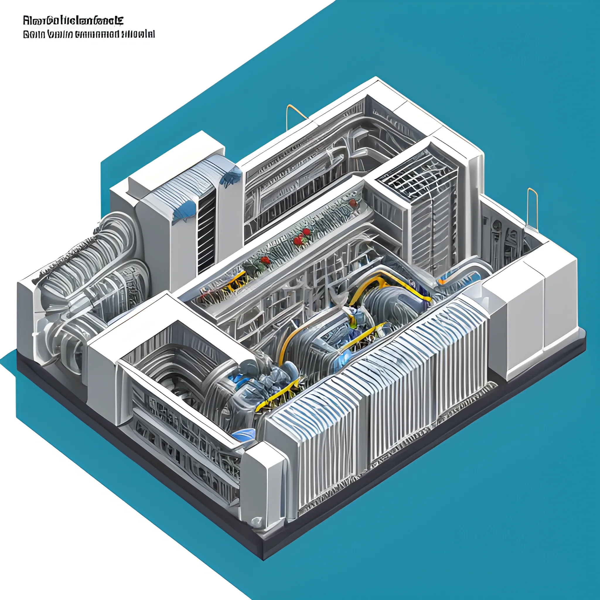 An intricate isometric blueprint depicts the inner workings of a central heating system, featuring aluminum radiators as the main subject. Lines and angles form a technical, labyrinthine design, representing the pros and cons in a visual, comparative manner. The overall mood is informative and investigative, as if inviting the viewer to explore and understand the functional and spatial aspects of these radiators within the system. 