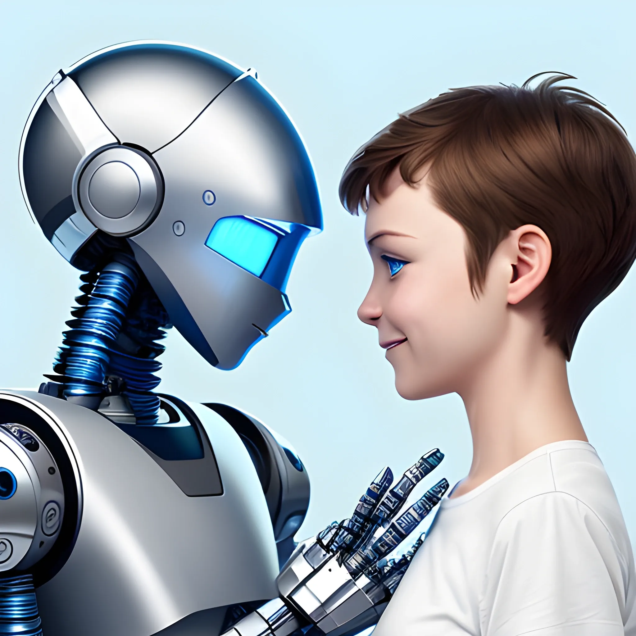 A digital illustration of a sleek, silver robot with glowing blue eyes and a friendly expression. The robot has a streamlined body with visible wires and mechanical components. A user, depicted as a kind-faced person with short brown hair and wearing a simple t-shirt and jeans, is shown leaning in to give the robot a gentle kiss on its metallic cheek. The background is a clean, white space to emphasize the interaction between the two characters.