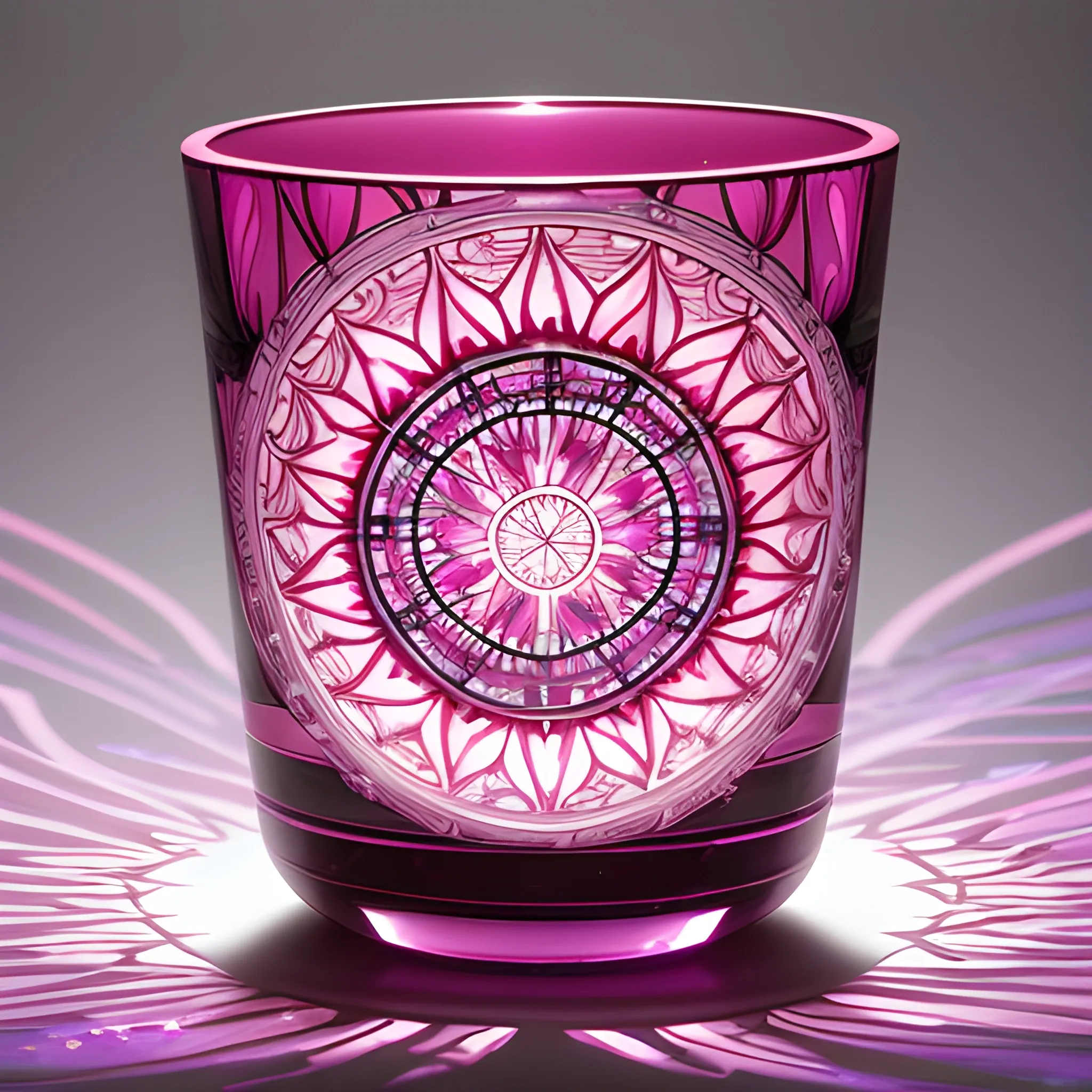 A swirling vortex of crimson liquid dances in the glass, reflecting a kaleidoscope of pink and lavender hues. The juice reflects a hazy glow onto the surrounding glass, casting shadows like iridescent fingerprints. The glass itself is etched with delicate lines reminiscent of ancient Roman mosaics.