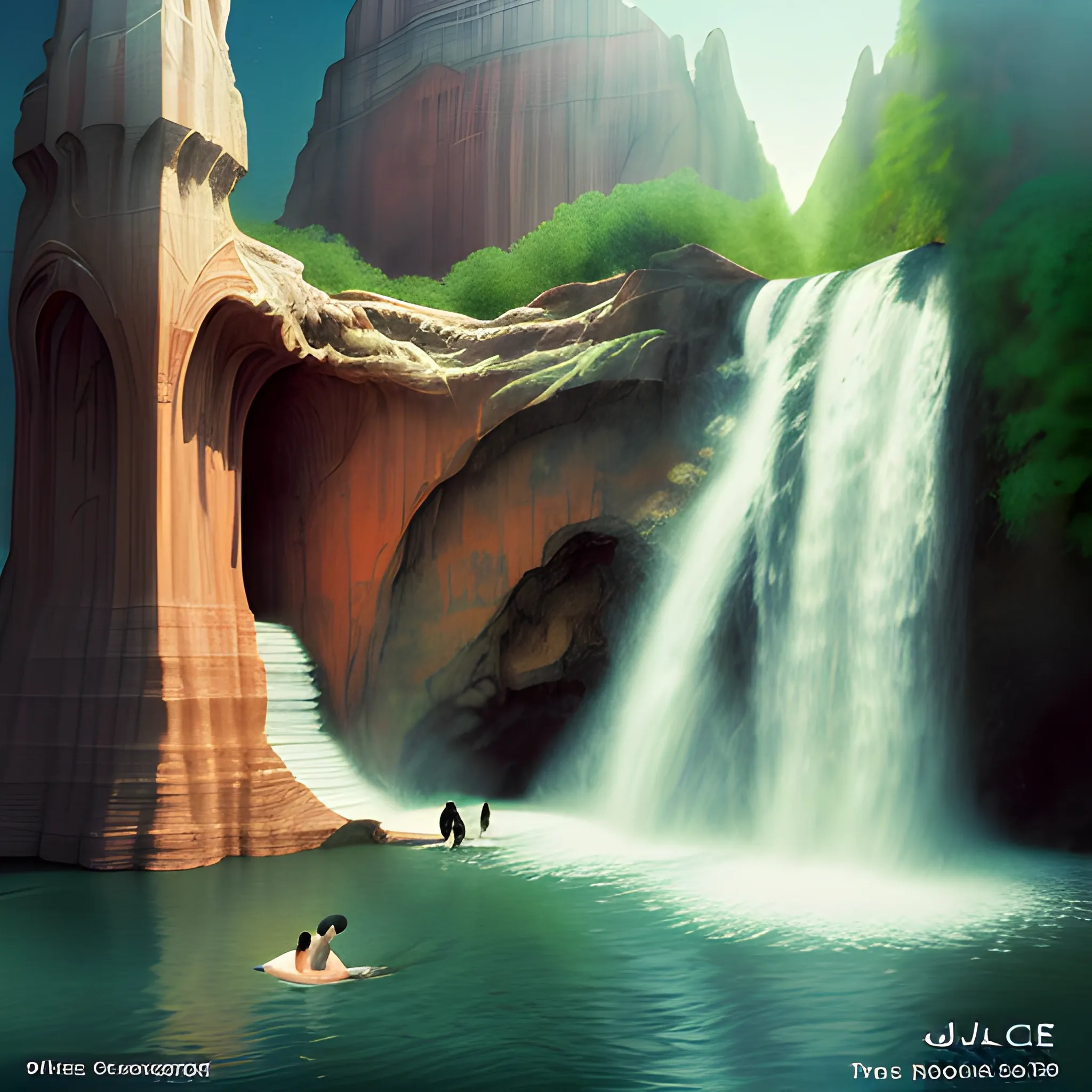 In the style of a JJ Cale album cover, create an album cover for an album called "The Waterfall", women enjoy waterfall The artistry borrows elements from celebrated painters and showcases a 3D visual depth similar to Bryce 3D techniques.