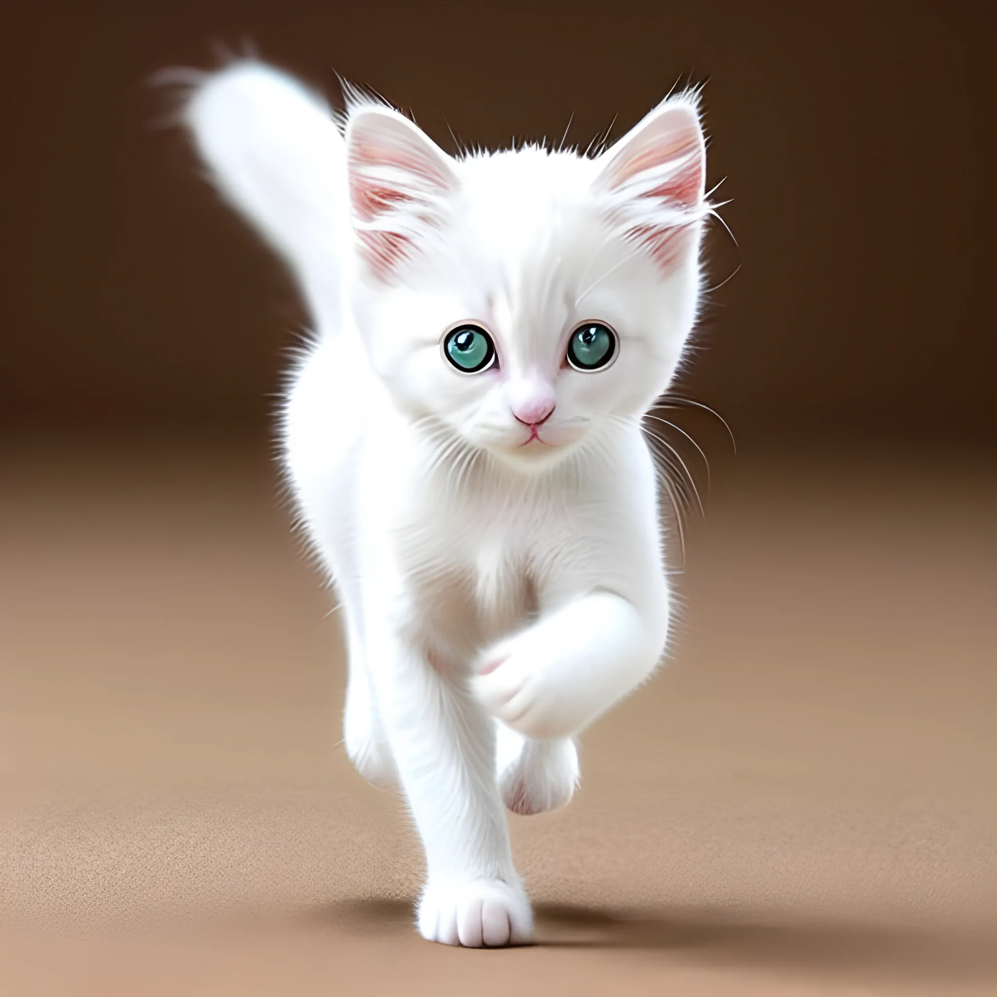 The white kitten darts across the room with boundless energy, its long, silky fur flowing gracefully with each swift movement. Its pristine coat gleams in the light, highlighting the kitten's sleek and agile form. As it pounces on an imaginary prey, its large, bright eyes sparkle with excitement and curiosity. The kitten’s ears perk up, and its delicate whiskers twitch as it navigates its playful environment with finesse.

With a swift flick of its fluffy tail, the kitten changes direction effortlessly, displaying impressive agility and coordination. It leaps into the air, arching its back and extending its tiny paws as if reaching for the stars. Upon landing, the kitten scampers around, its movements a blur of white, exuding joy and vitality.

Every playful chase, every swift turn, and every graceful leap showcase the kitten’s athleticism and spirited nature. Its movements are not only a testament to its physical prowess but also an expression of its youthful exuberance and zest for life. The white kitten, in constant motion, is a captivating sight, embodying the essence of playful innocence and boundless energy.