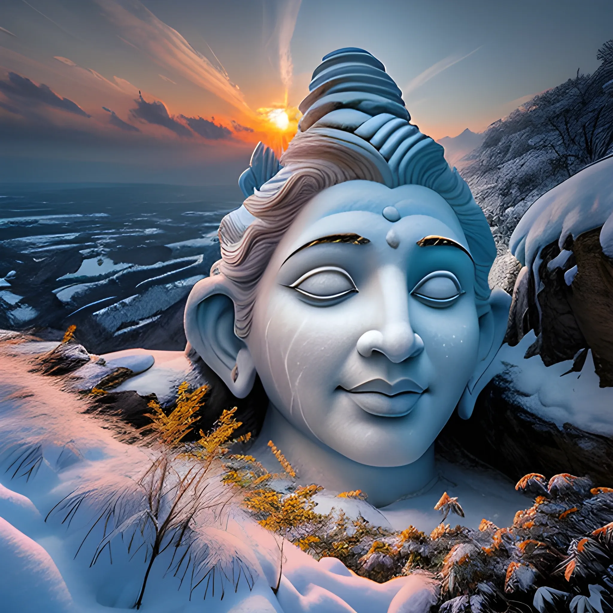 A giant frozen Cliff lord Shiva face sculpted, overlooking a snowy floral garden at sunset, shadows playing across the textured surface, contrast between the snowy cliff and the golden sky, emphasizing the beauty of cold nature, natural light, ultra realistic, breathtaking surreal masterpiece
