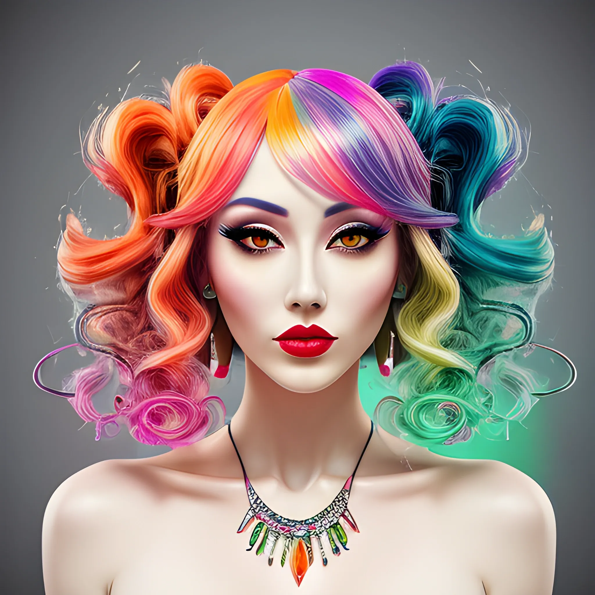 (Masterpiece Best Quality), (Extremely Complex: 1.2),, beautiful girl, big eyes, orange-red lipstick, silver-green bangs, short curly hair, wearing colorful and fashionable summer colorful pattern T-shirt half-sleeve, half-length picture, half-length photo, blue, red, yellow, pink, gradient hair, {neon pink hair, tender pink hair, tender blue hair, tender green hair, tender yellow hair,}, glowing hair, shirt, black eyes, blurred background, red lips, bangs, ((Colorful balloon background)), collarbone, colorful ink background, ((Ink splash)) (Color splash), standing picture, upper body ((Rainbow color hair)), gradient color, paint, highest quality, highest quality, masterpiece, depth of field, delicate and moist skin, cute girl, solo, wall covered with colorful paint, gradient, exquisite CG, exquisite and beautiful facial features, gorgeous highlights, crystal clear, beautiful, charming, shining, perfect, ultra-clear Chinese style