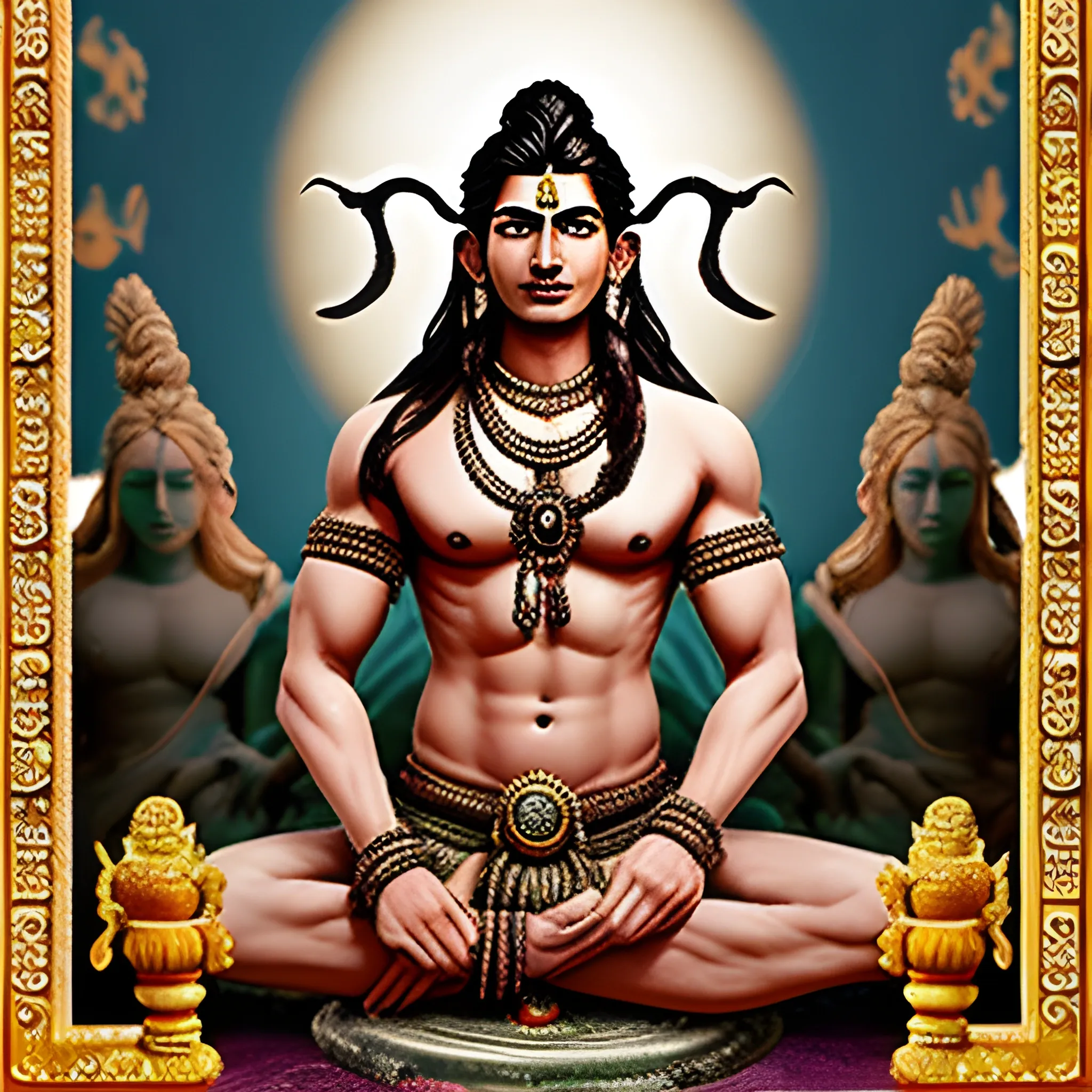 (worst quality, low quality) normal quality:1.8, Lord Shiva ((multiple characters in the background)), (cross-dressing, (topless), cropped background