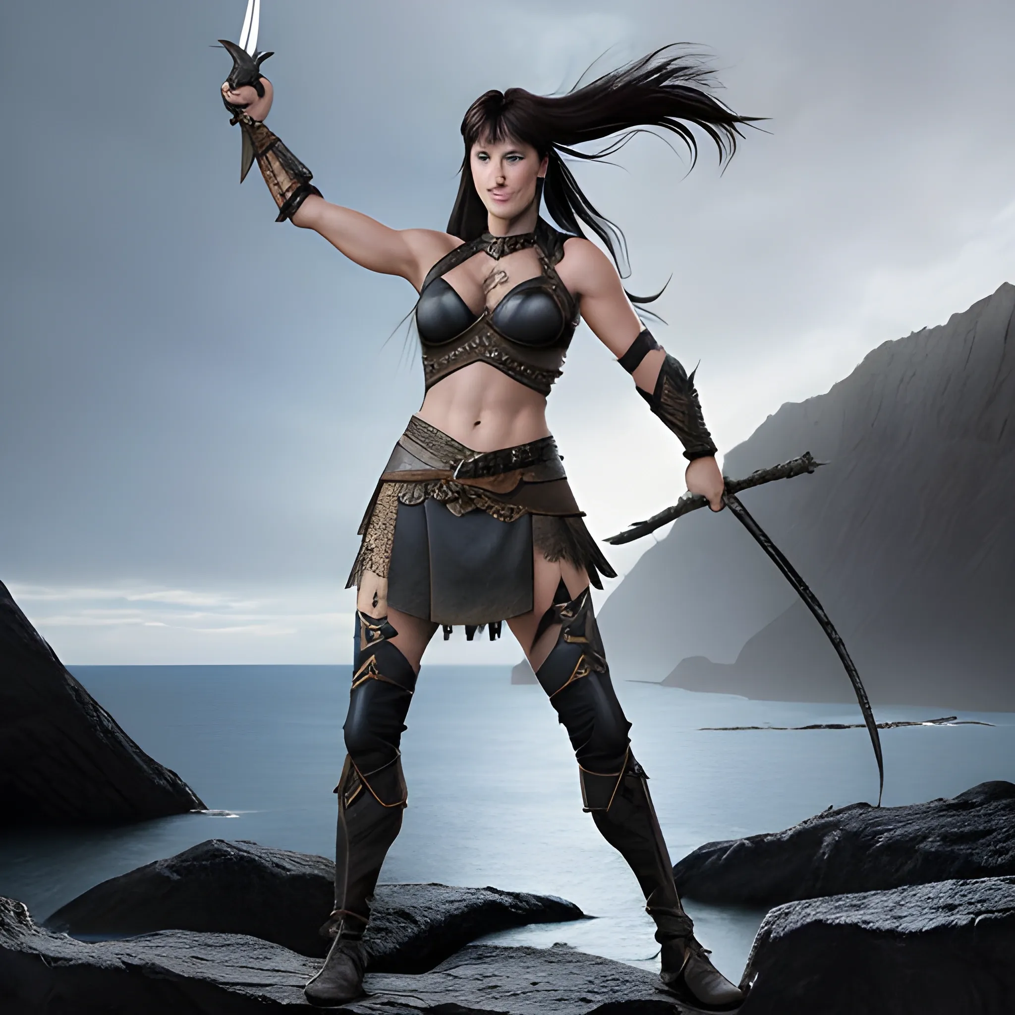  Xena: Warrior Princess in a full height photo, complemented by a subtle smile, captured with high detail, attractive, very long, straight, pitch black and thick hair.  full body, backdrop of black rock wall, dynamic atmosphere at midnight.