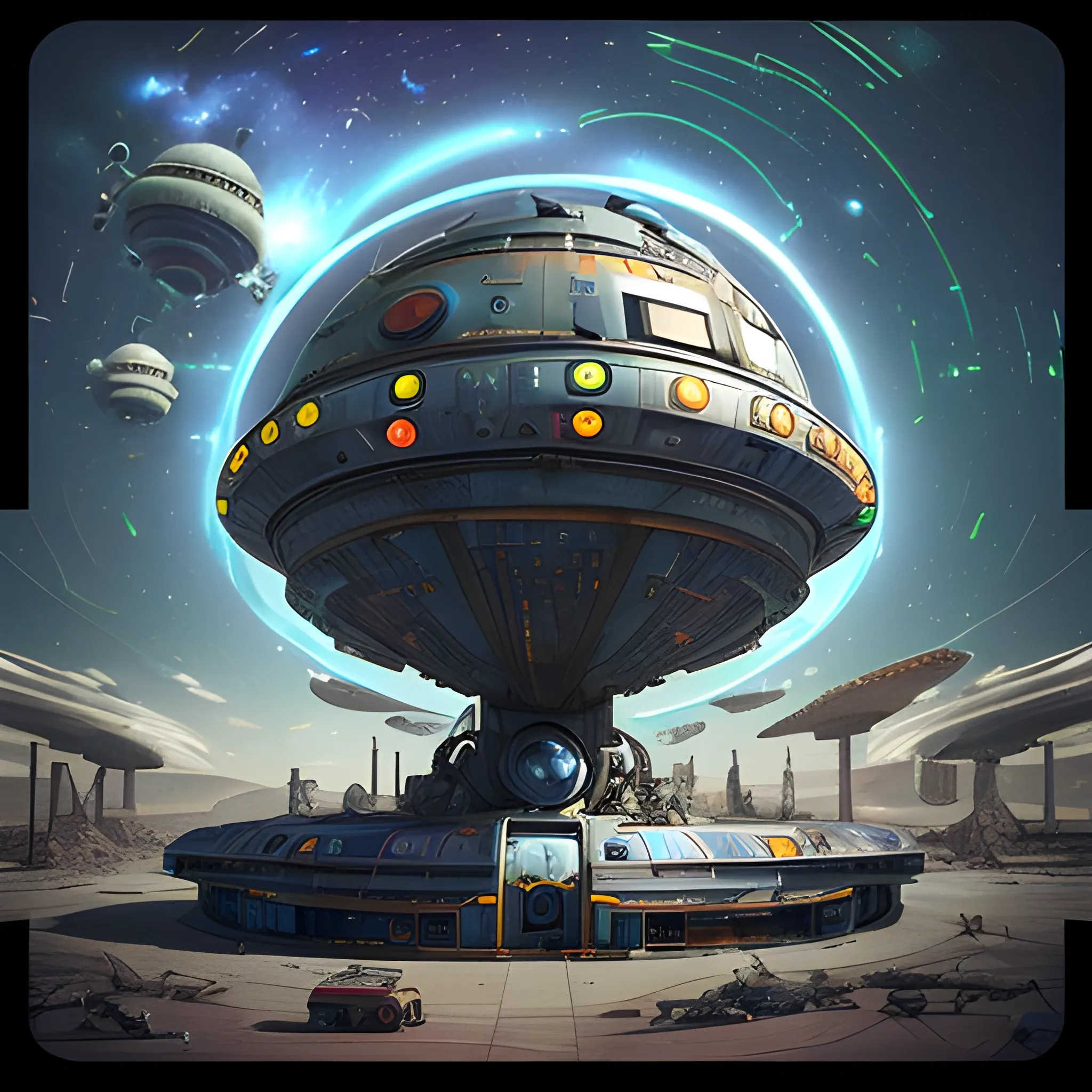 A vibrant cosmic background with a myriad of futuristic spaceships. The central focus is a large, circular space station with a unique, infinity-like shape. The central focus is a large, circular space station with a unique, infinity-like shape. A starship made from the following: a beat up old washer, MRI Machine, Giant Cast Iron Wood Stove, 1934 Winnebago, tons of duct tape, odd vehicle parts, 2 large shipping containers,1924 Deusenberg, a 1934 Winnebago, tons of duct tape, odd vehicle parts, two large shipping containers, and a 1924 Deusenberg. The starships are scattered throughout the image, with some hovering near the station and others dispersed across the cosmic expanse, creating a whimsical and imaginative atmosphere.A mesmerizing and imaginative scene of diverse, fantastical spaceships scattered throughout the cosmos. The central focus is a magnificent, circular space station with an infinity-like shape, surrounded by an array of ships with varying designs, colors, and sizes. The space station is adorned with a unique blend of makeshift starships, including a beat-up old washer, an MRI machine, a giant cast iron pot belly wood stove, a 1934 Winnebago, tons of duct tape, odd vehicle parts, two large shipping containers, and a 1924 Deusenberg. The starships are scattered throughout the image, with some hovering near the station and others dispersed across the cosmic expanse, creating a whimsical and imaginative atmosphere. A captivating and eccentric sci-fi scene featuring a central focus of a massive,A captivating and eccentric sci-fi scene featuring a massive, circular space station with an infinity-like shape, reminiscent of a steampunk-inspired wonderland. The station is adorned with a variety of makeshift starships, such as a beat-up old washer, an MRI machine, a giant cast iron pot belly wood stove, a 1934 Winnebago, tons of duct tape, odd vehicle parts, two large shipping containers, and a 1924 Deusenberg.A starship made from the following: a beat up old washer, MRI Machine, Giant Cast Iron Pot Belly Wood Stove, 1934 Winnebago,1924 Deusenberg.The ships are scattered throughout the image, with some hovering near the station and others dispersed in the cosmic expanse. The overall theme suggests a setting in outer space, possibly in a galaxy or universe where advanced civilizations exist. Multiple Gothicpunk spaceships with diverse designs are docked or drifting nearby, reflecting the myriad tastes of the various alien species. Alien beings in unique attire are seen engaging in various activities, while construction equipment is actively in use, signaling the ongoing expansion of this interstellar habitat. A colossal glowing planet dominates the backdrop, while a drone captures the essence of this bustling interstellar community. This scene is rendered in Octane with 4D 750k UHD resolution, drawing inspiration from the visionary minds of Arthur C  Clarke, Mel Brooks, Steven Spielberg, J. Michael Straczynski, and Harlan Ellison.