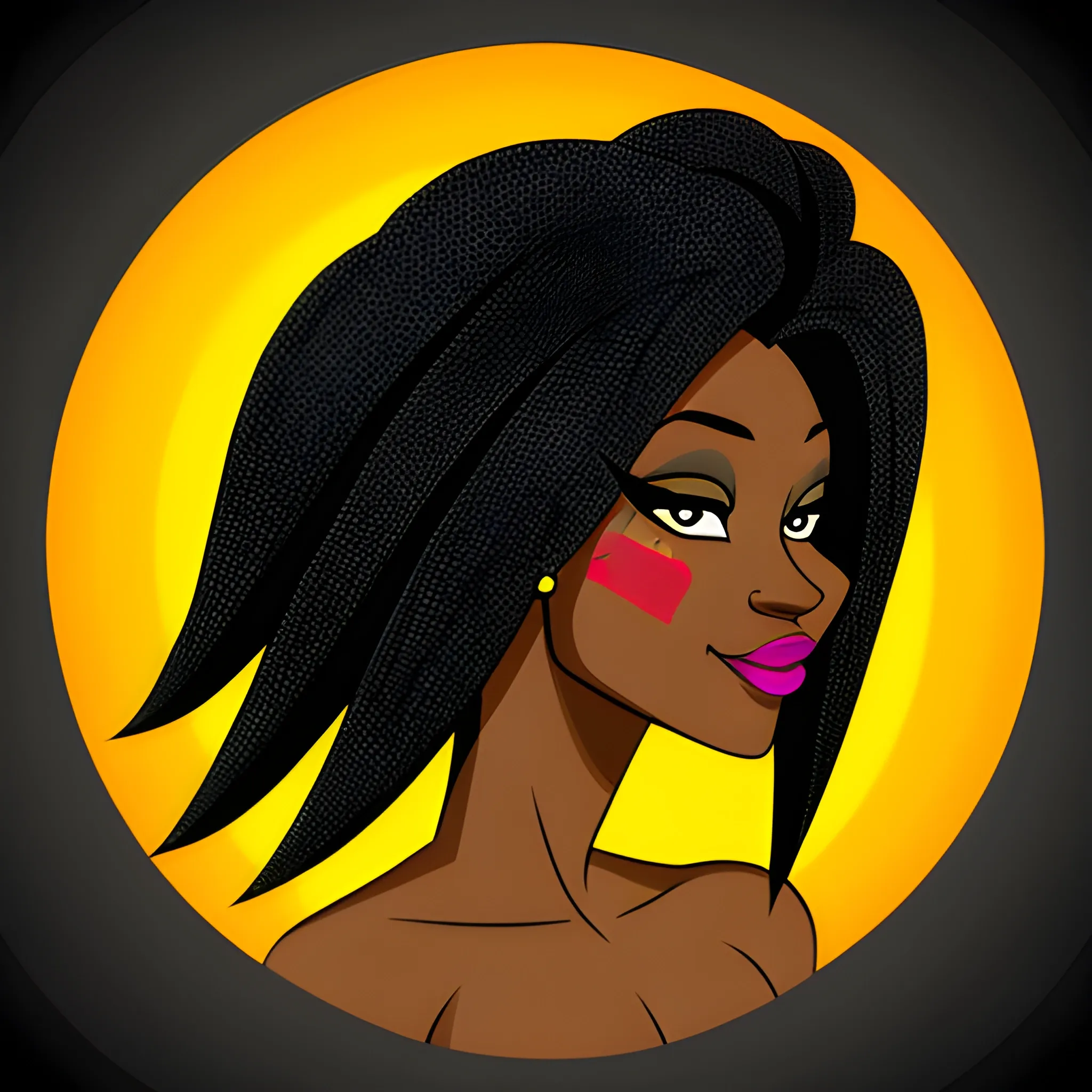 Cartoon, small head black woman, long hair , dancing. background