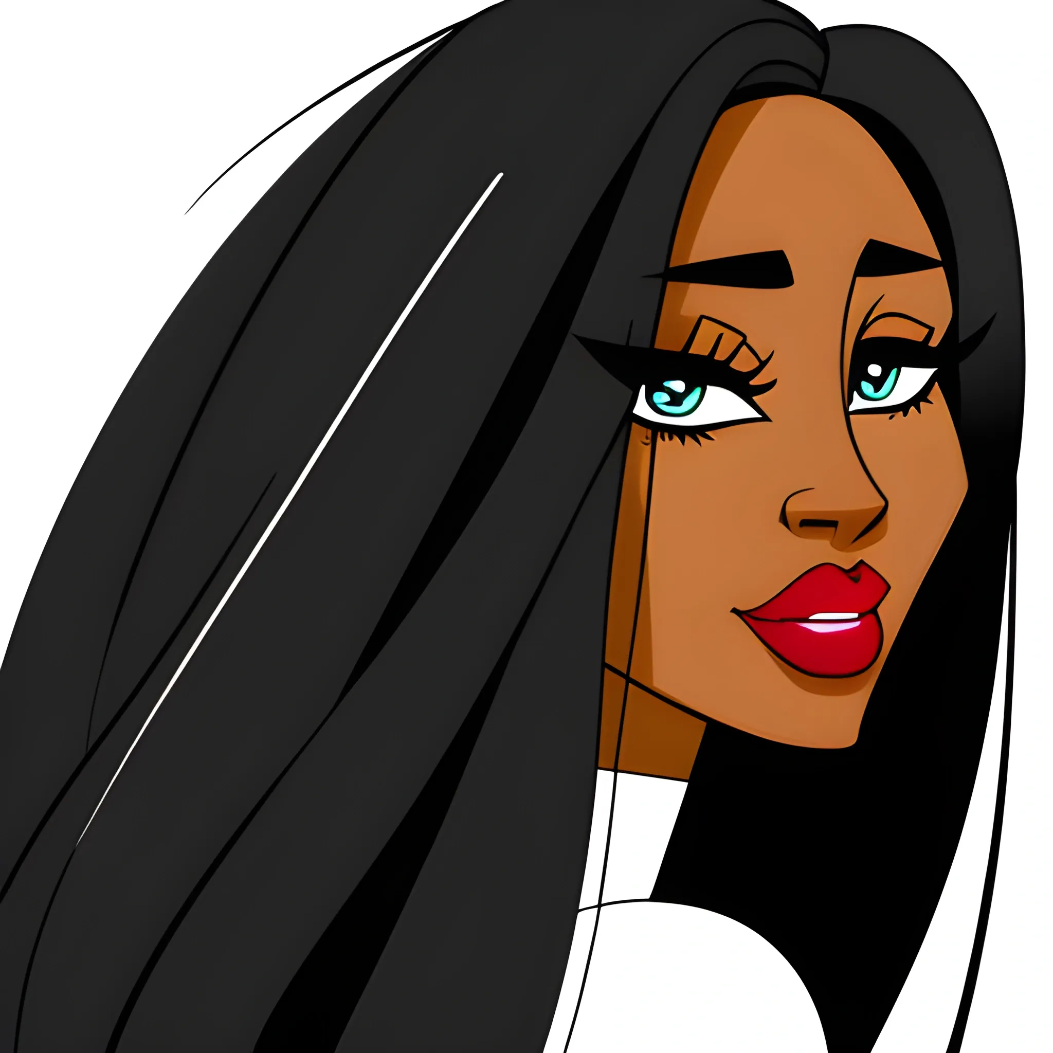 Cartoon, small head black woman, long hair , long legs. background