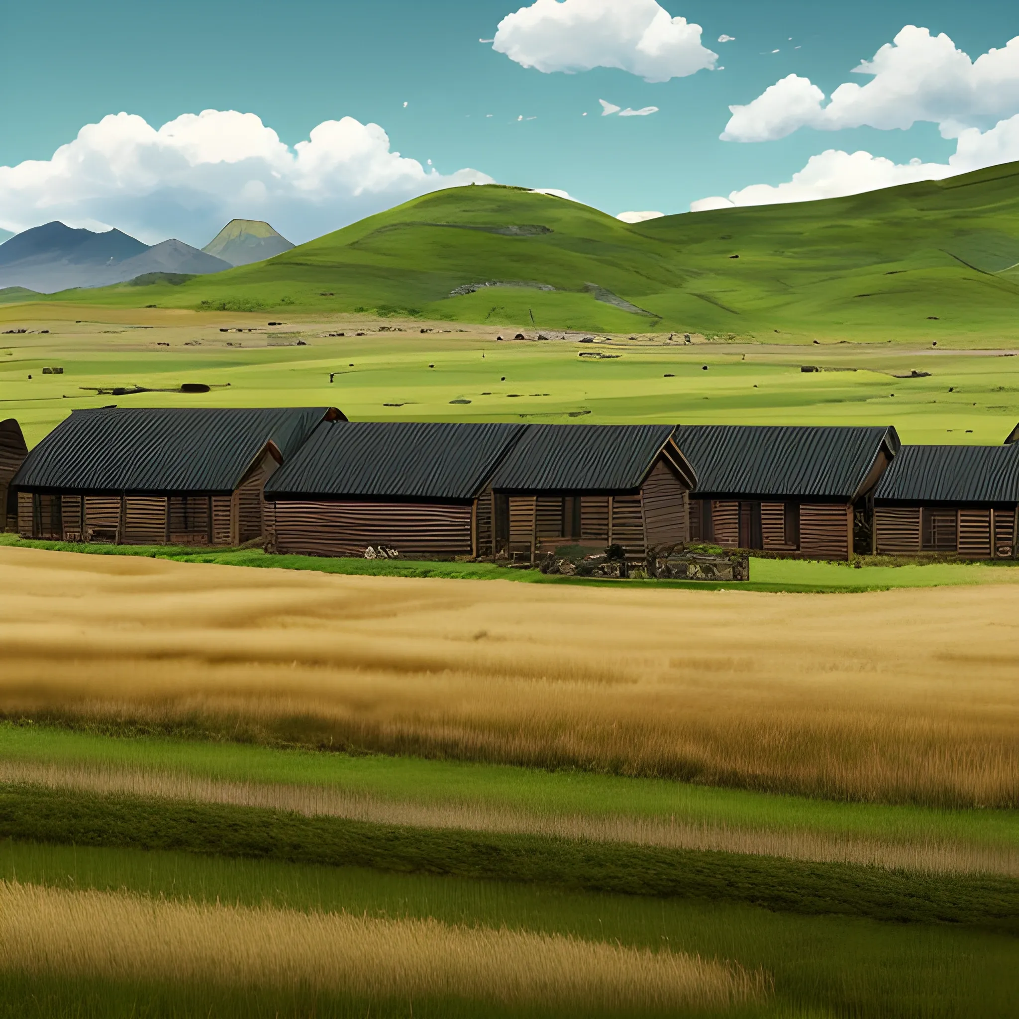 Green and brown grassy plains with hills in the far background. There are black log houses with grass roofs in the foreground in a settlement on a mound. The plains are large, the sky is blue. The grass is tall.