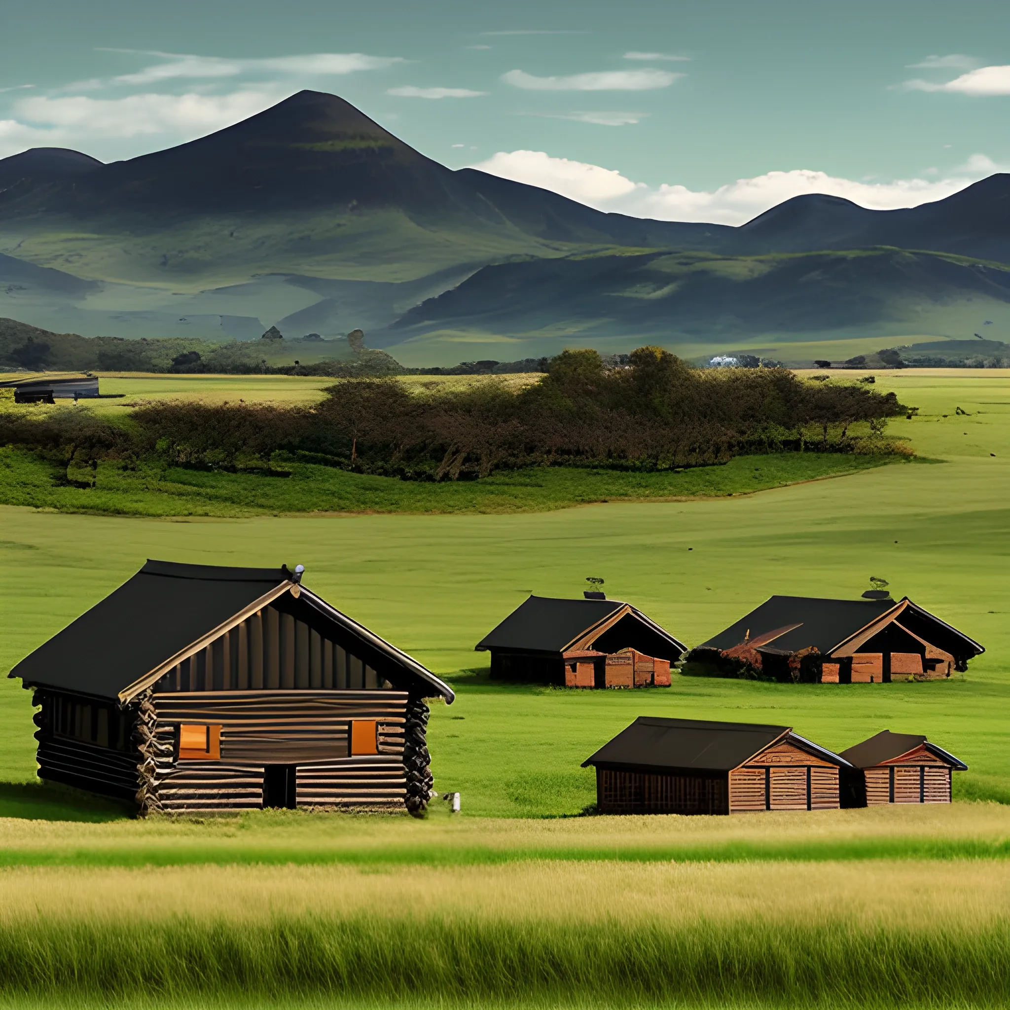 Far reaching green and brown grassy plains with hills in the far background. There are black log houses with grass roofs in the foreground in a settlement on a mound.