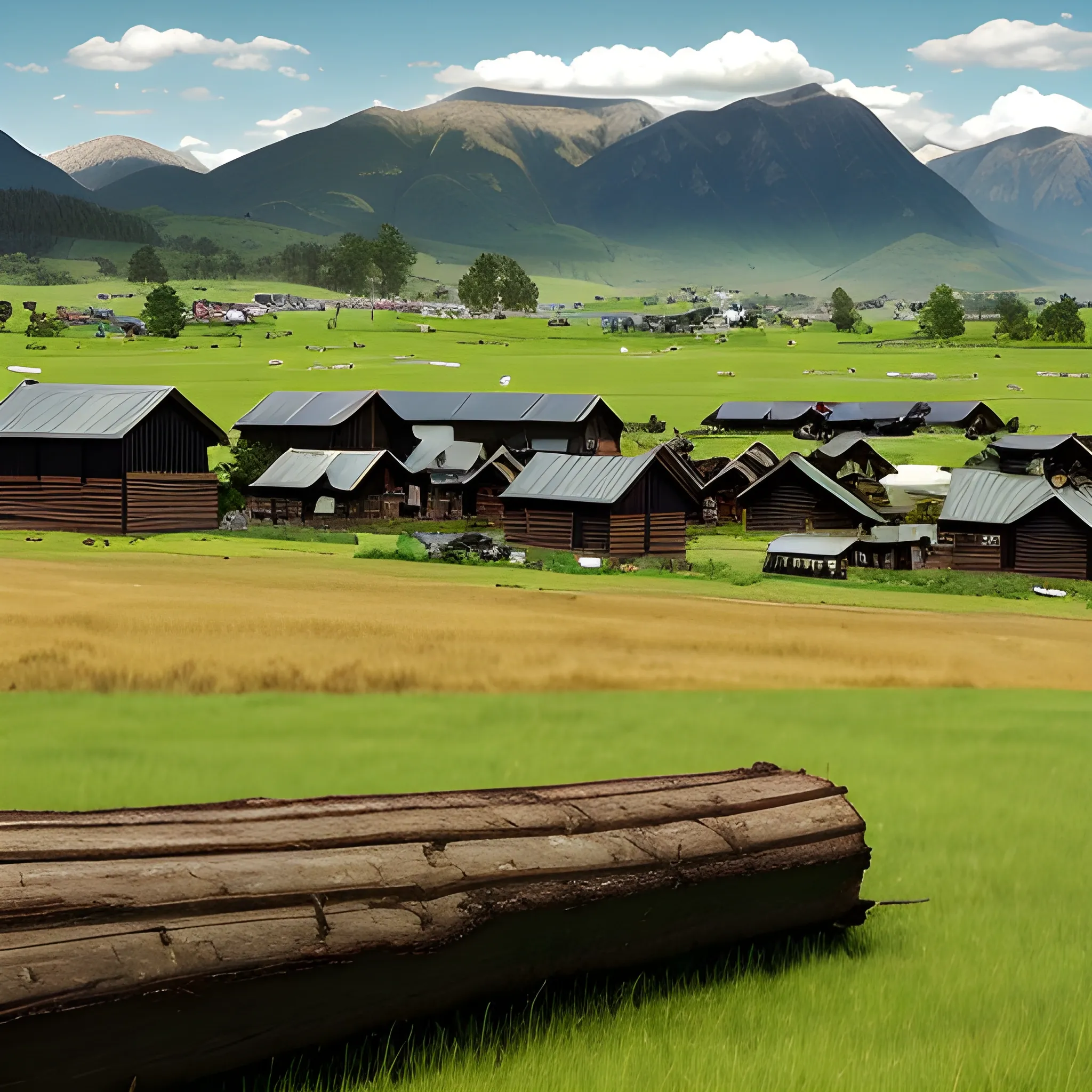 Far reaching green and brown grassy plains with hills in the far background. There are black log houses with grass roofs in the foreground in a settlement on a hill.