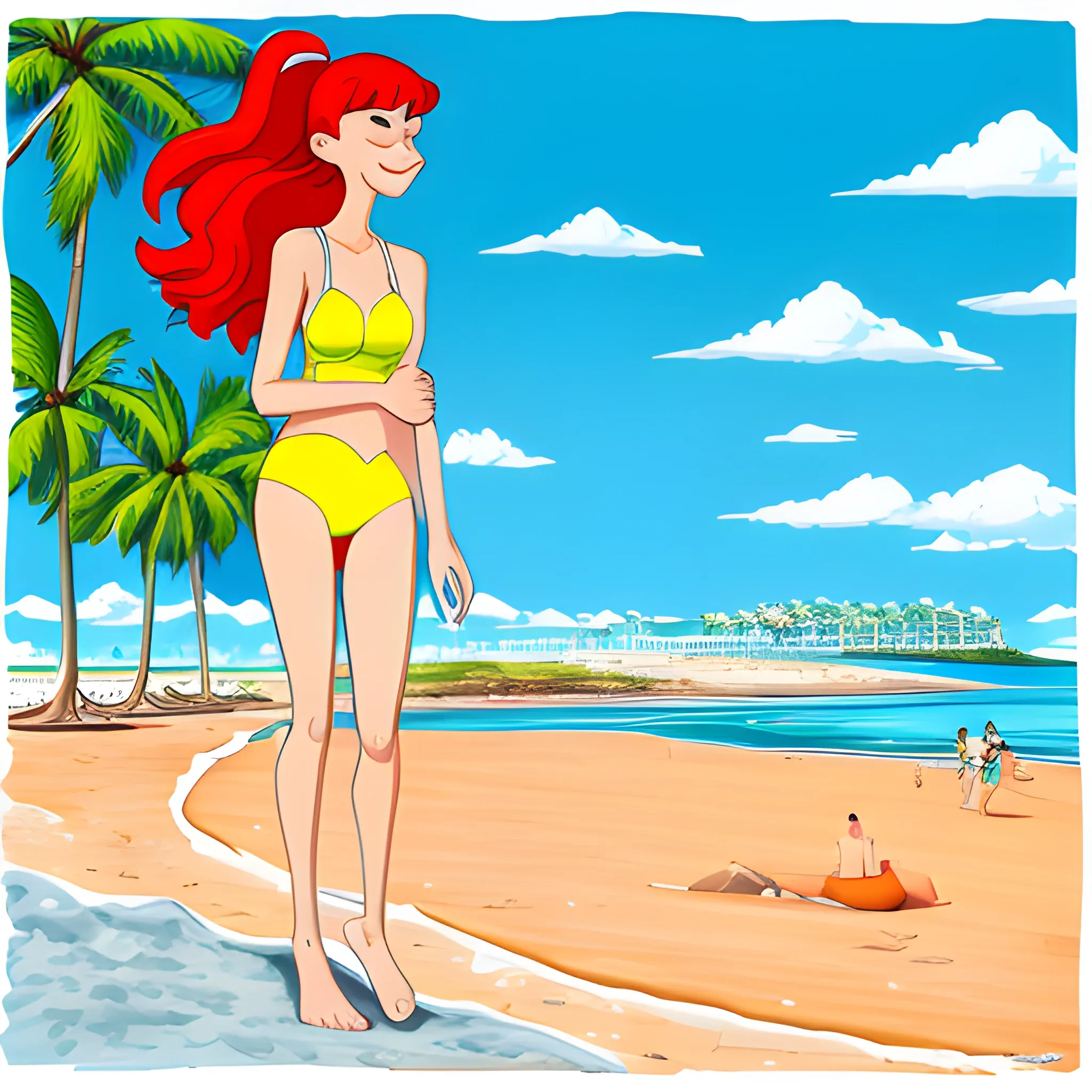 beach landscape, Cartoon woman in swim suit - Arthub.ai